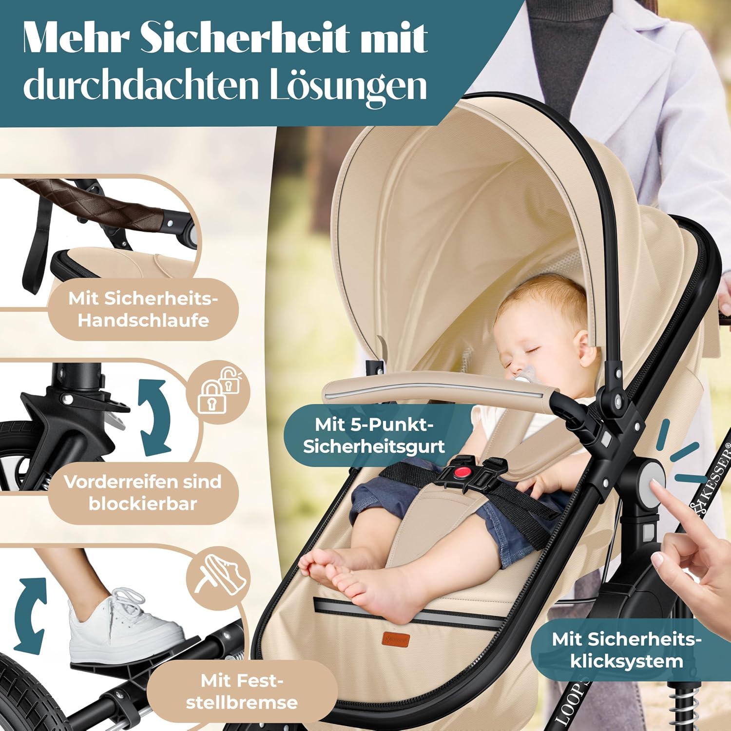 Thumbnail 3 de KESSER Loops 4-in-1 Kombikinderwagen Set inkl. Babywanne, Sportsitz, Babyschale, Wickeltasche & mehr – Beige/Schwarz