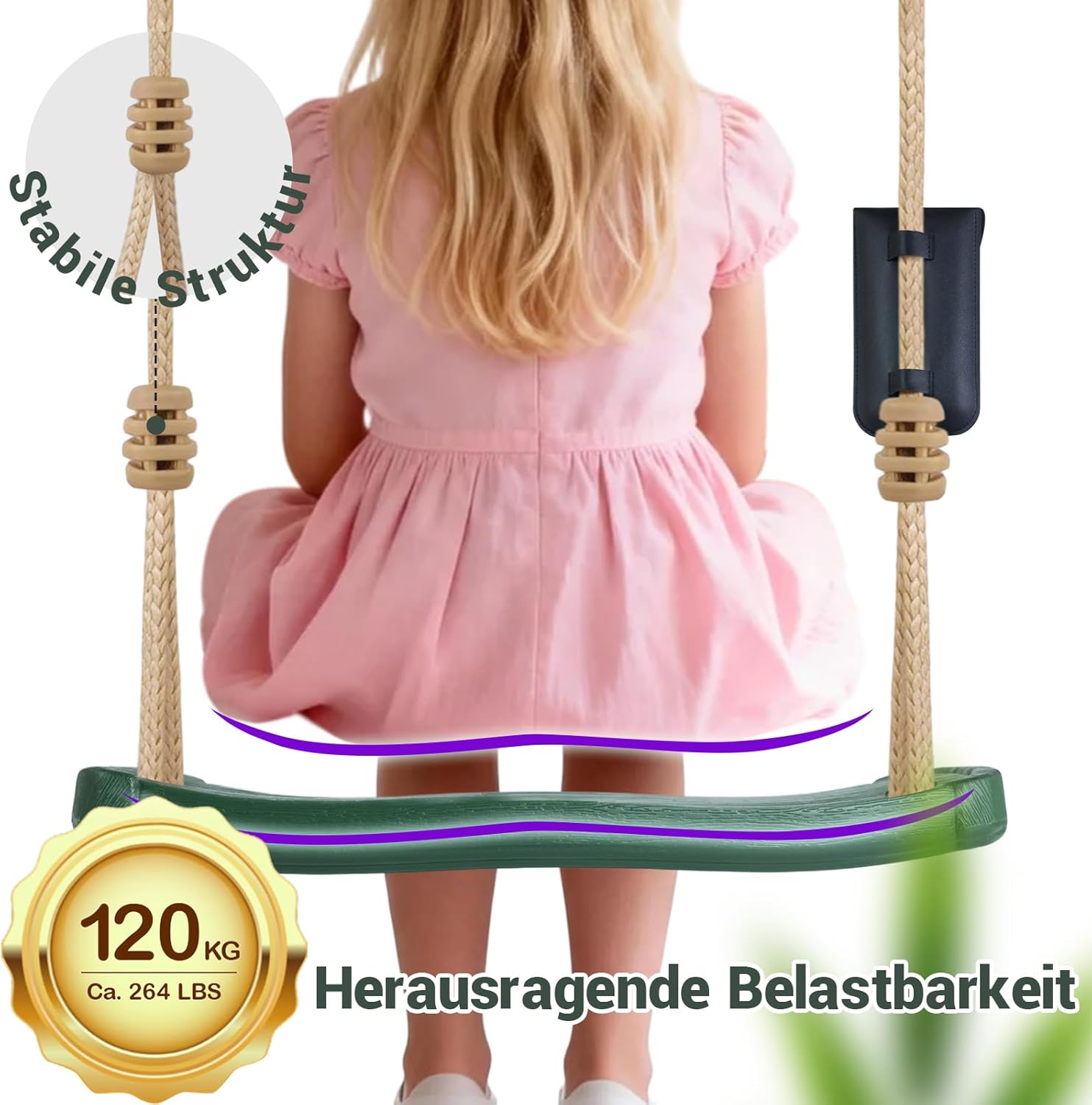 Detalle de Hryniiex Kinderschaukel Garten Outdoor – Grüne Brettschaukel aus robustem PE-Kunststoff, höhenverstellbar bis 180 cm, Belastbarkeit bis 120 kg