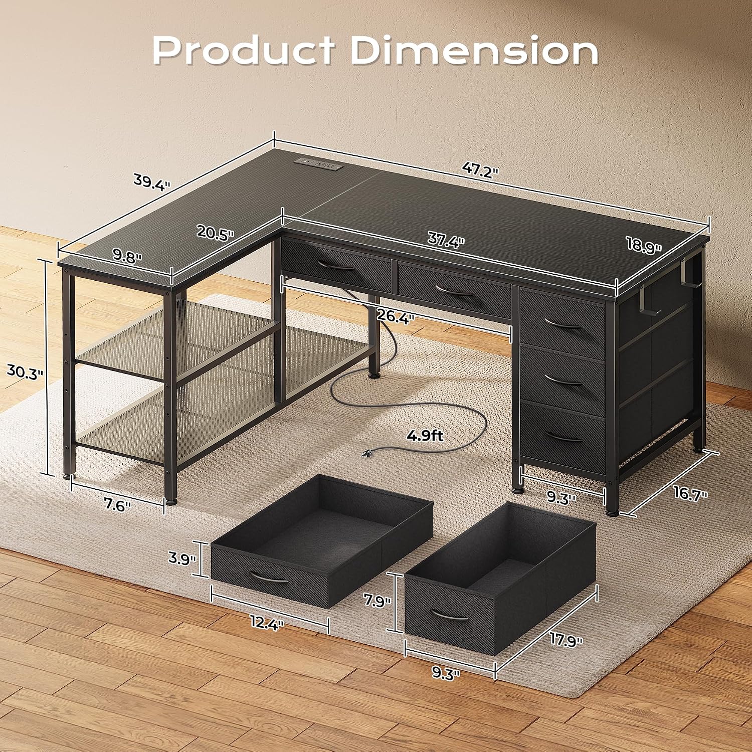 Detalle de PRAISUN 47-Inch L-Shaped Desk with Power Outlets, USB-C, 5 Fabric Drawers