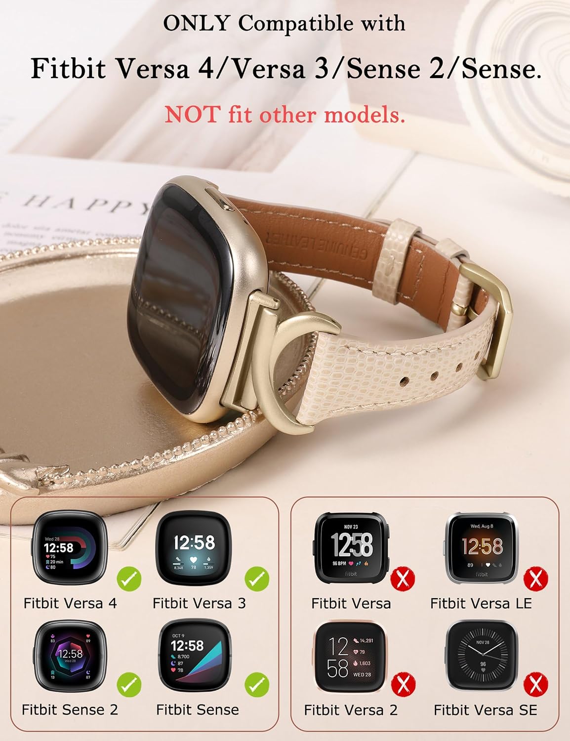 Detalle de TOYOUTHS slim leather strap with C-shaped metal buckle for Fitbit Versa 4/Versa 3/Sense 2 (women)