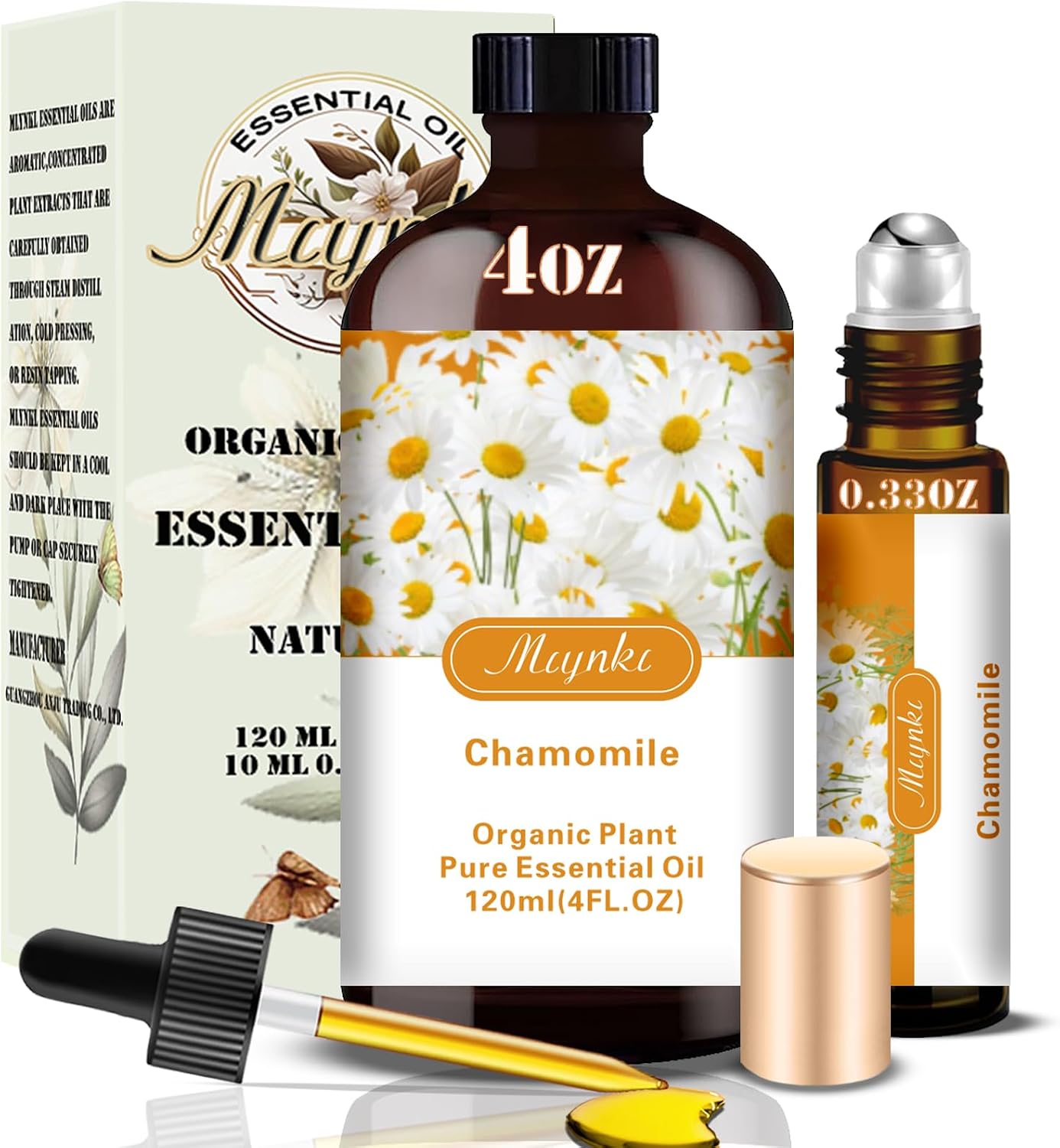 Detalle de Chamomile Essential Oil 4oz (+ Roll-On) for Diffusers — Subtle, Soothing Scent for Home and Office