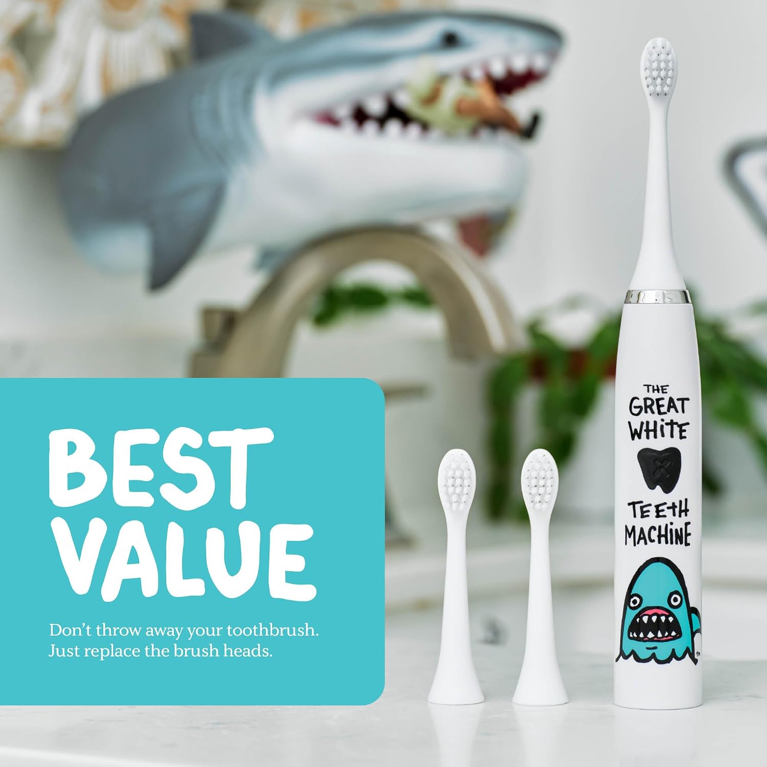 Detalle de Made by Dentists Kids Electric Toothbrush – Shark Edition (2+) with 6 Replacement Heads