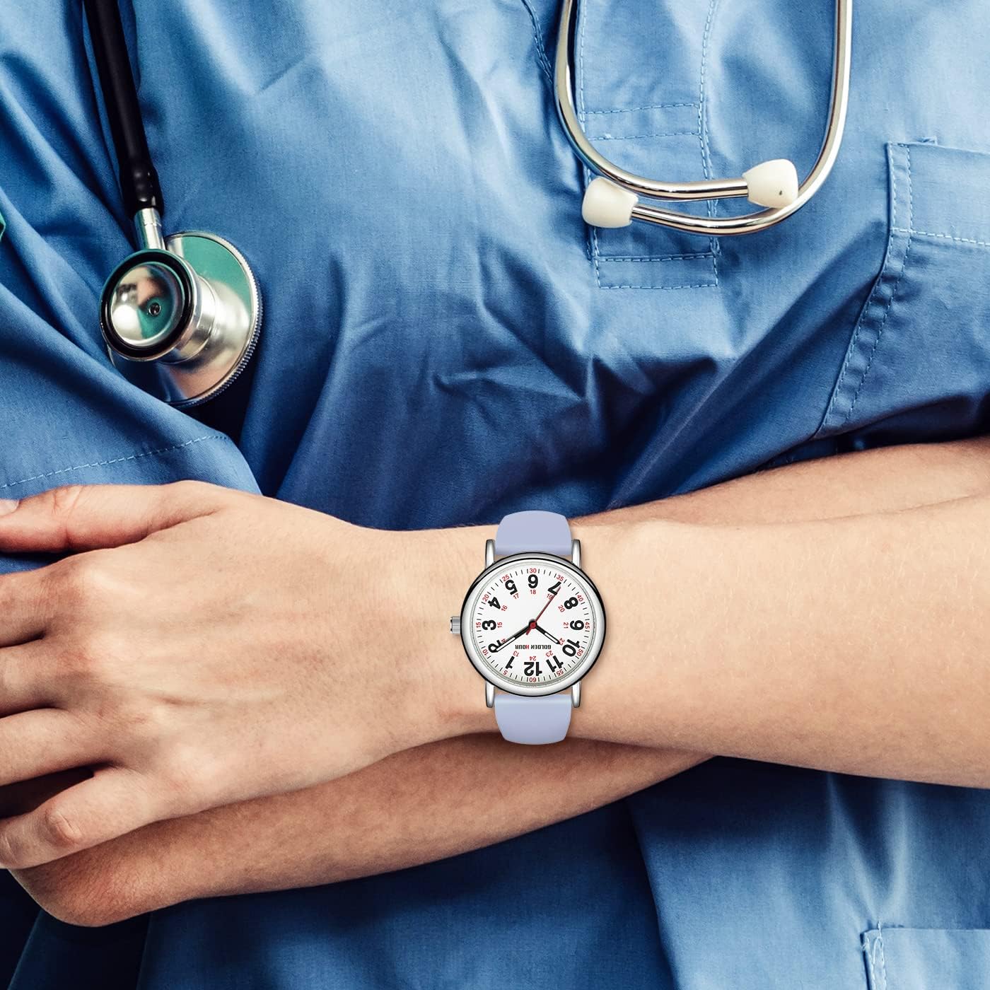 Thumbnail 6 de GOLDEN HOUR wasserdichte Krankenschwesteruhr – 24 Stunden, Leuchten-Zifferblatt, Silikonband, roter Sekundenzeiger