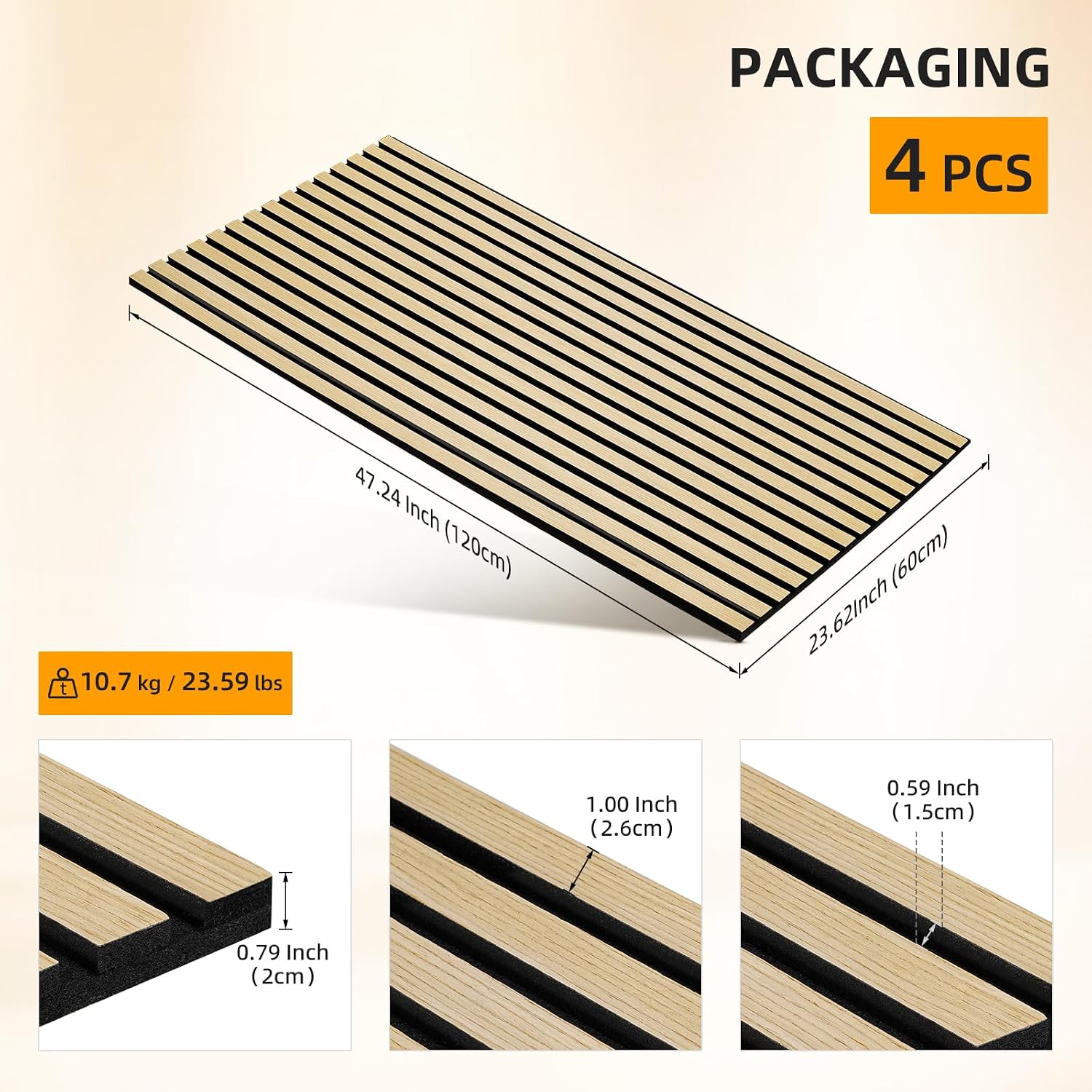 Detalle de Camola Wood Slat Acoustic Wall Panels, 4-Pack, Oak, Self-Adhesive