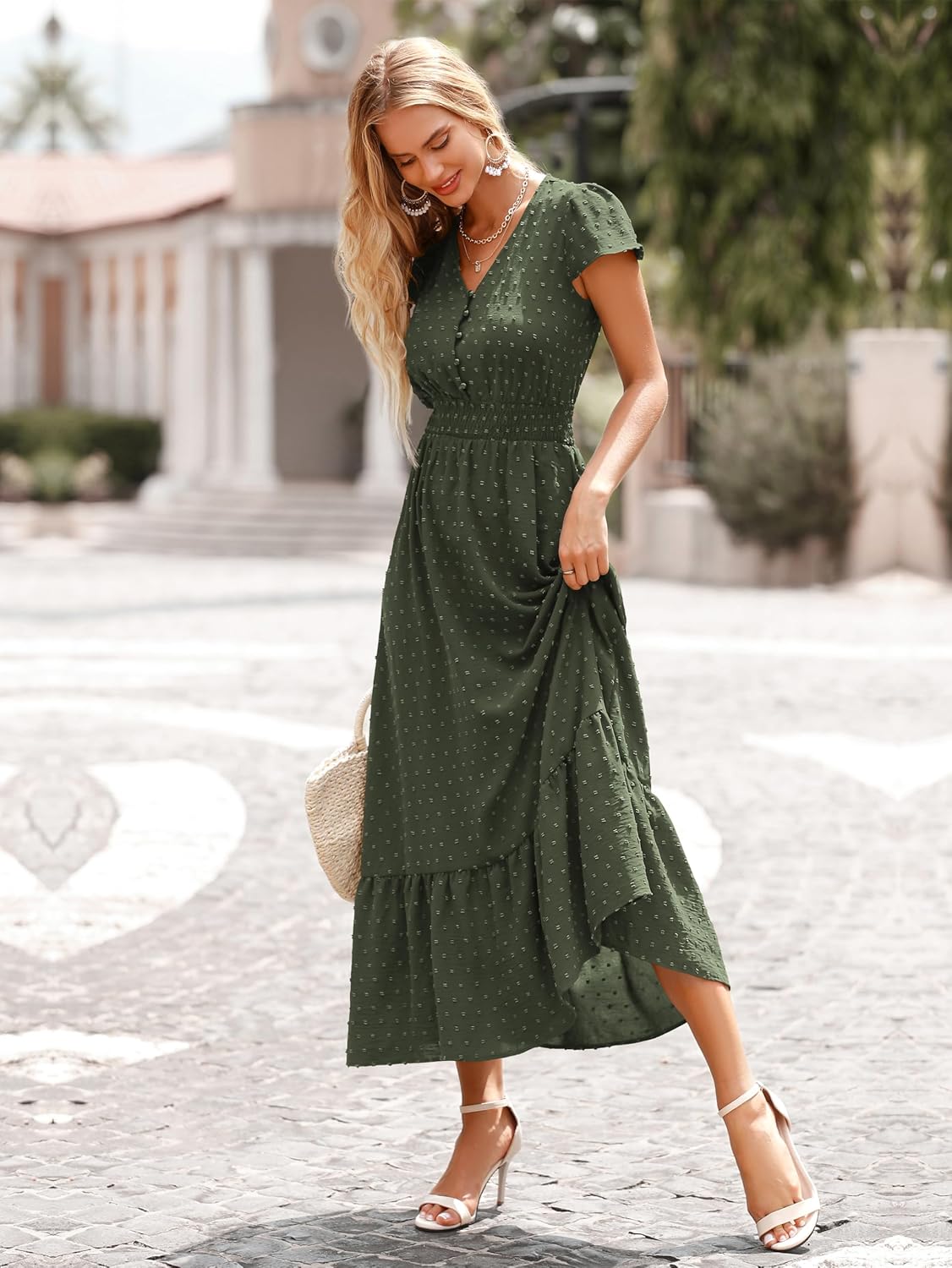 Detalle 2 de PrettyGarden Womens Dresses 2026 Summer Maxi Dress: Boho Swiss Dot, V-Neck, Smocked Waist
