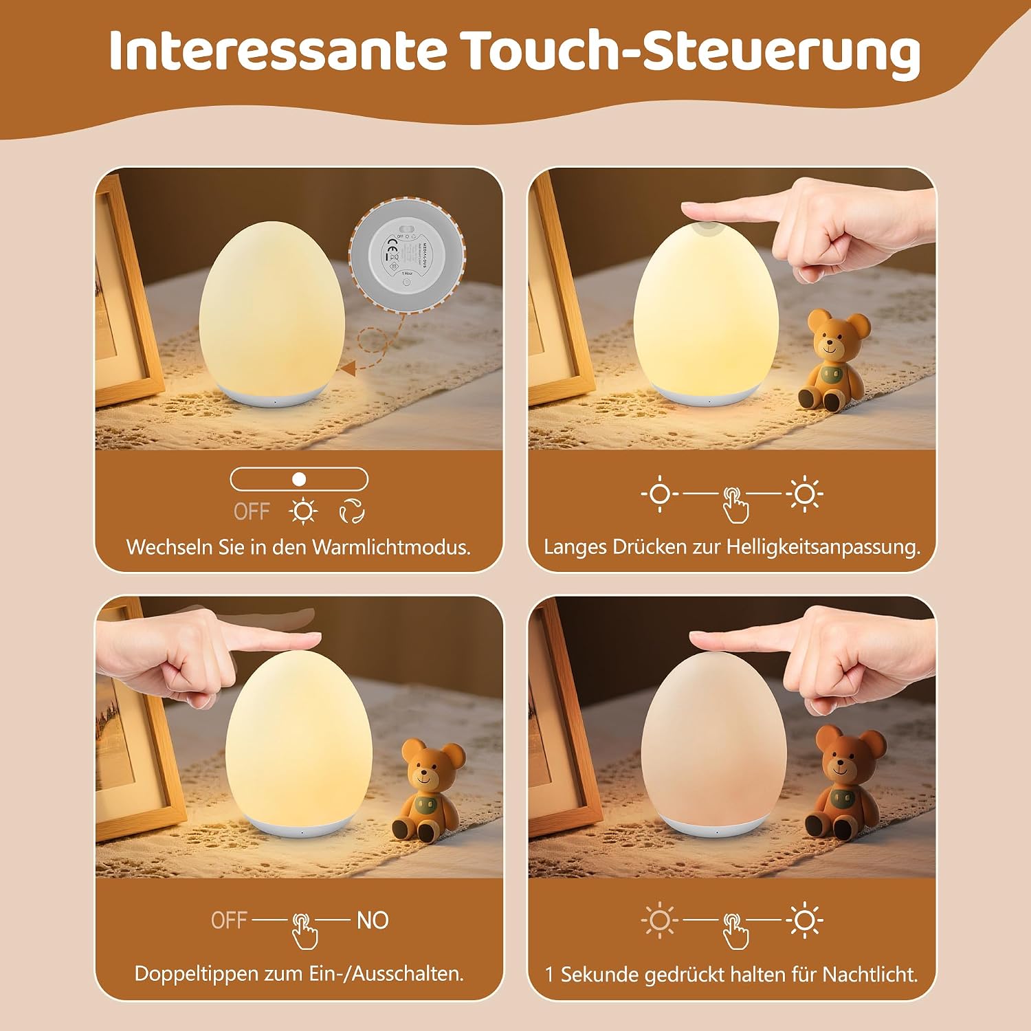 Detalle de MediAcous Nachtlicht für Kinder & Baby – dimmbares LED-Nachtlicht mit 8 Farben, Timer (1H) und Touch