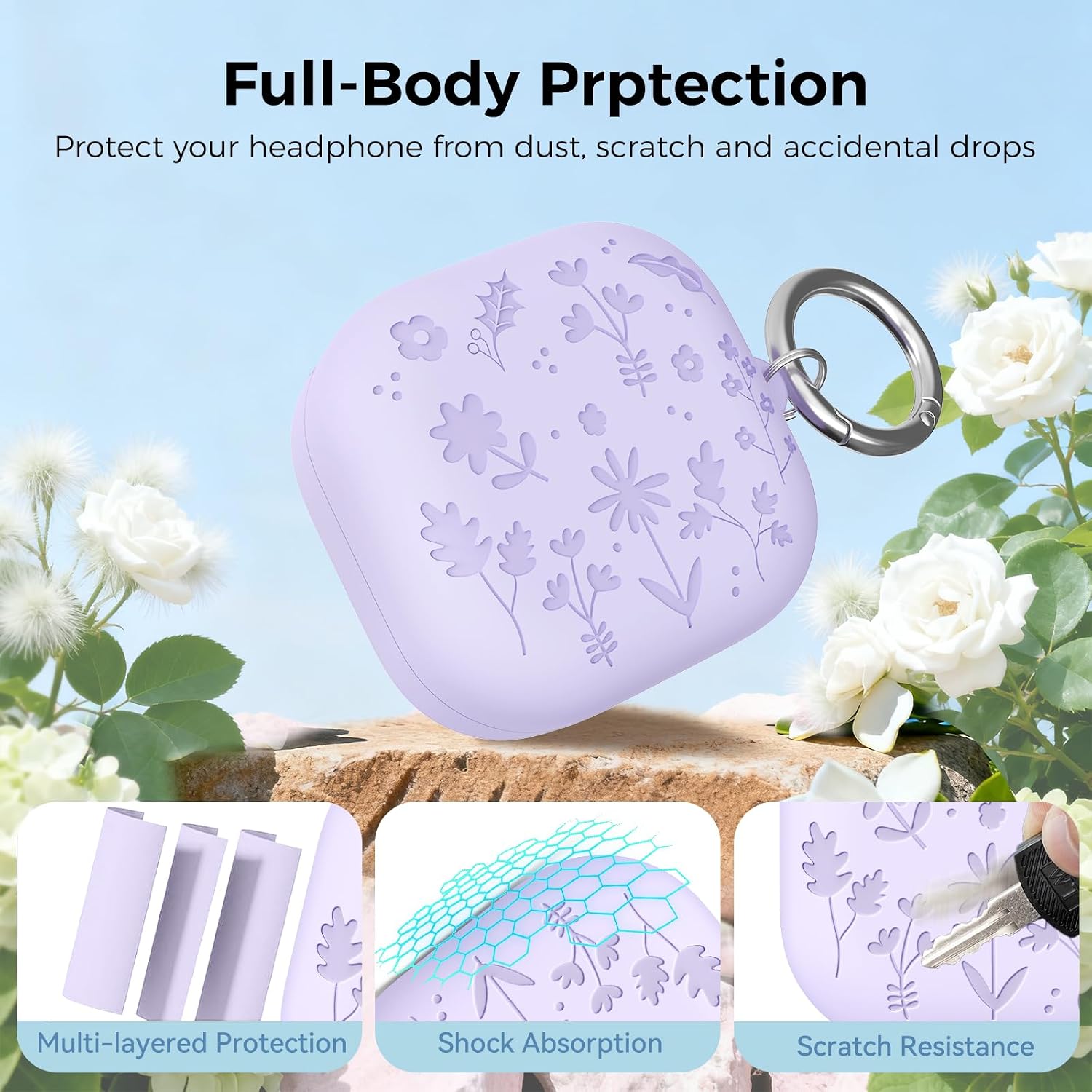 Detalle de AhaStyle Silicone Case for Samsung Galaxy Buds4 Series – Flower Engraved, Cute Cover with Carabiner