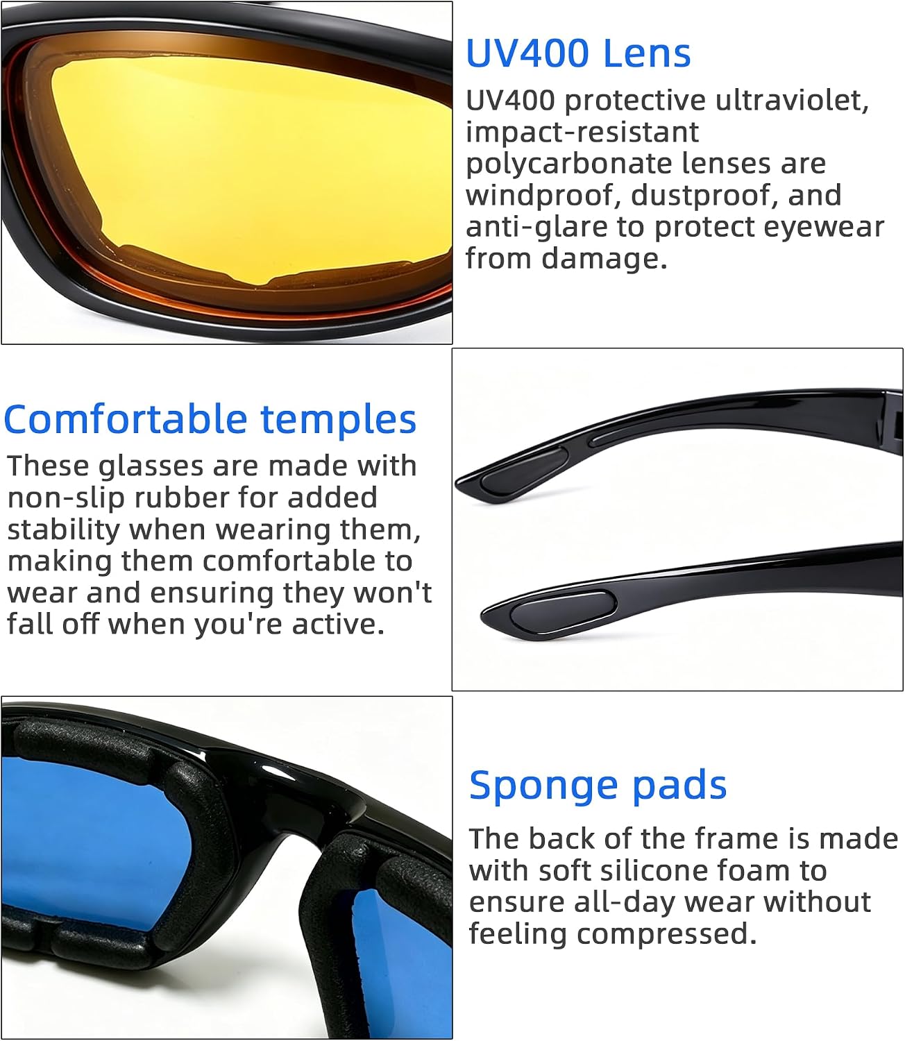 Detalle 2 de YISUGOOC 4 Pair Motorcycle Glasses Riding Glasses with UV Protection, Windproof & Dustproof – 4 Lenses (Yellow, Gray, Blue, Clear)