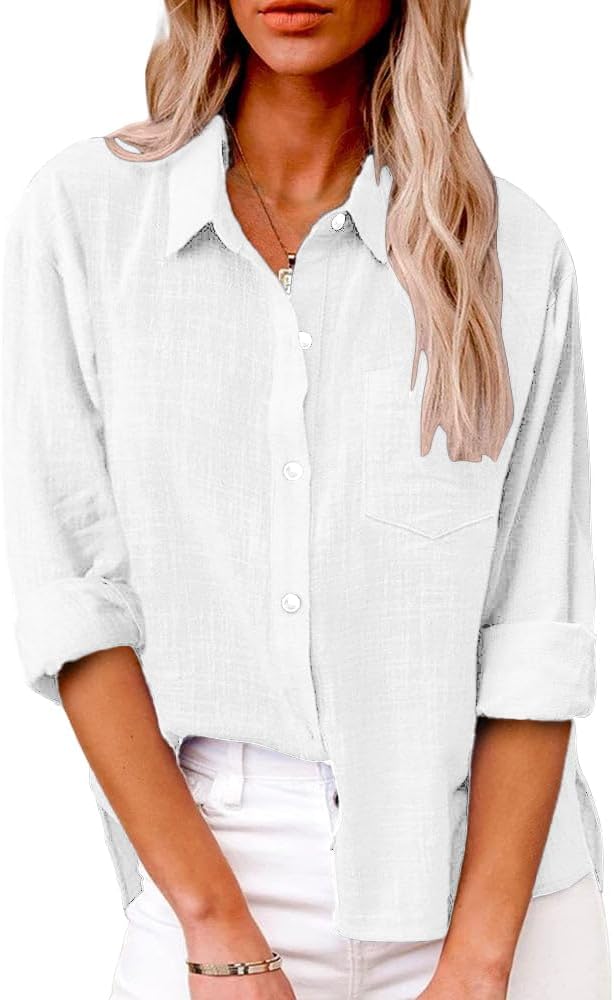 Thumbnail 6 de Friptspyg Donna: Camicia da donna in cotone con maniche lunghe, scollo a V e chiusura a bottoni – vestibilità ampia