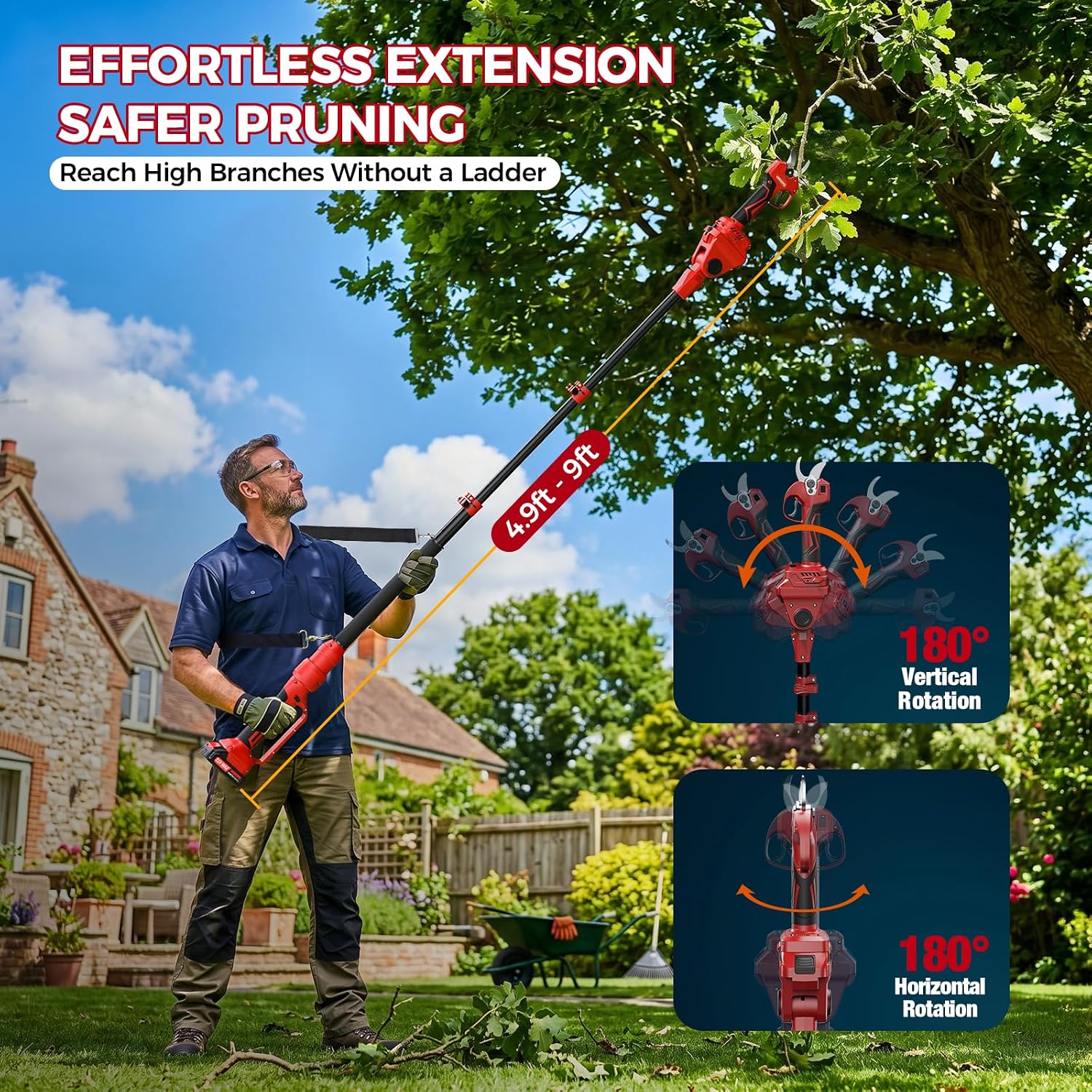 Detalle de MODOFO Cordless Electric Pruning Shears with Pole, 2.1-Inch Capacity, Brushless Motor