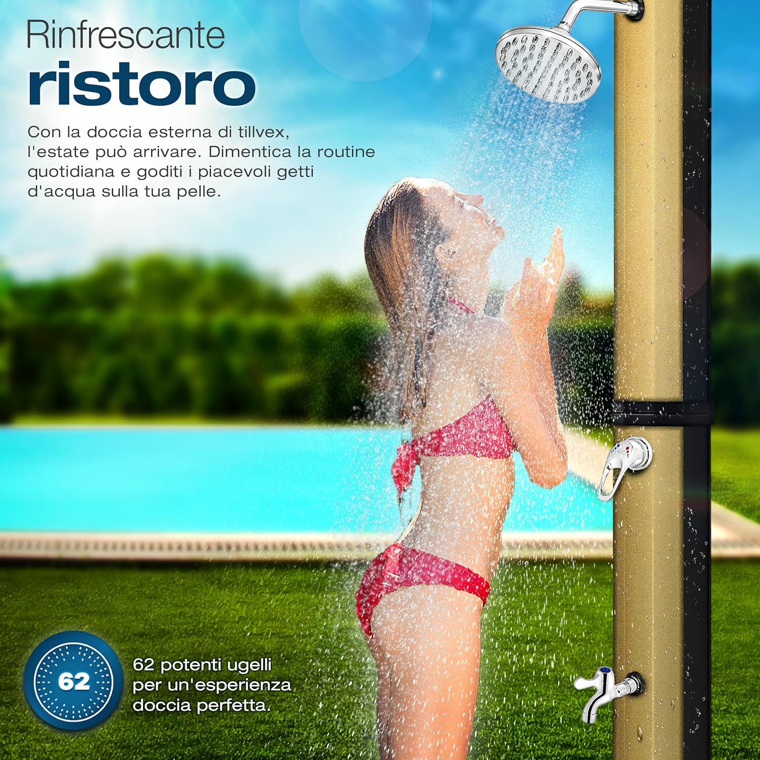 Thumbnail 6 de Tillvex Doccia Solare con Coperchio di Protezione, 35 L, Nero/Oro – Doccia da giardino a energia solare