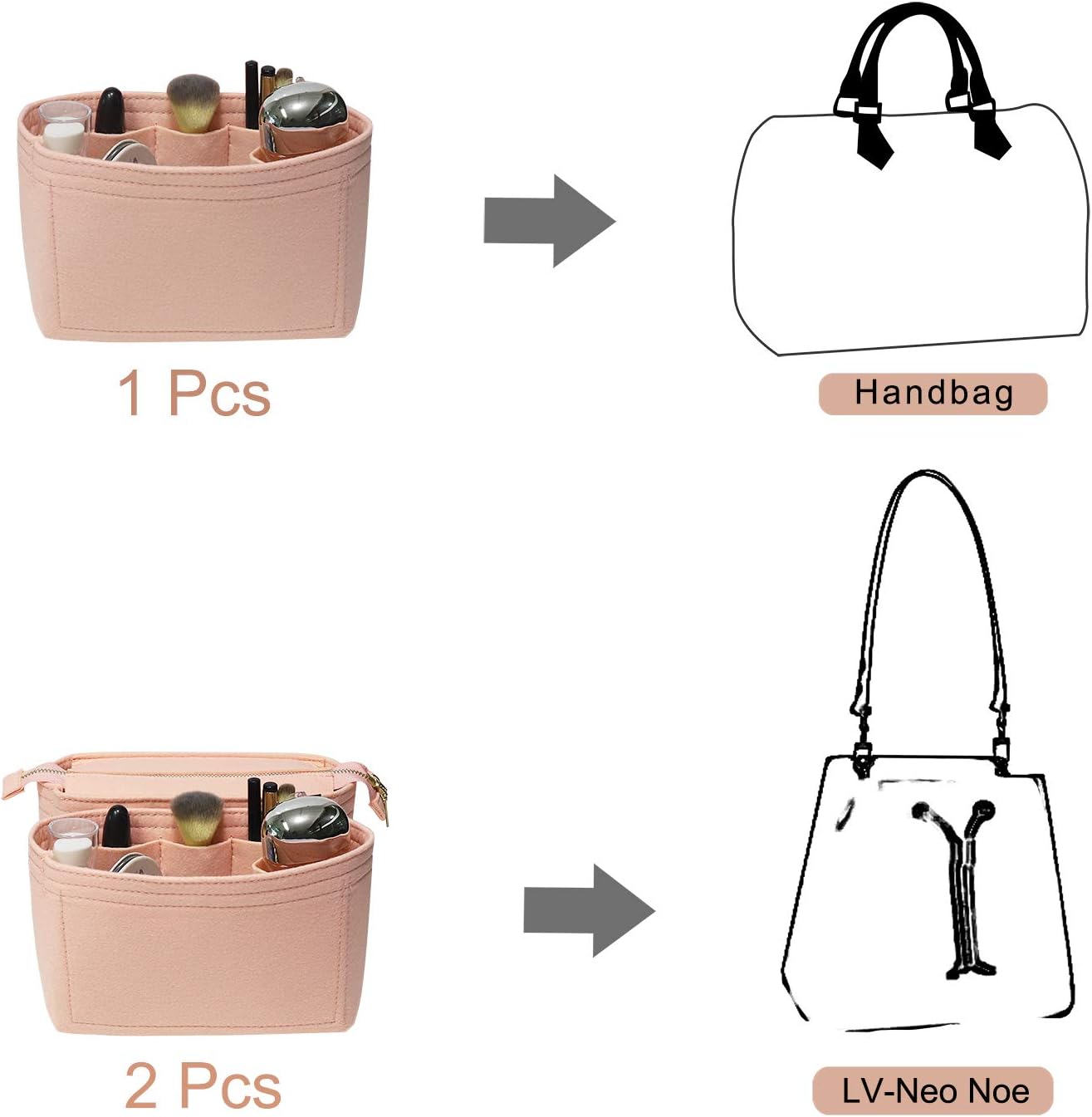 Detalle de Soyizom Felt Bag Organizer Insert for Tote - 2-Pack Set (Pink) for Neonoe Noé and Bucket Bags