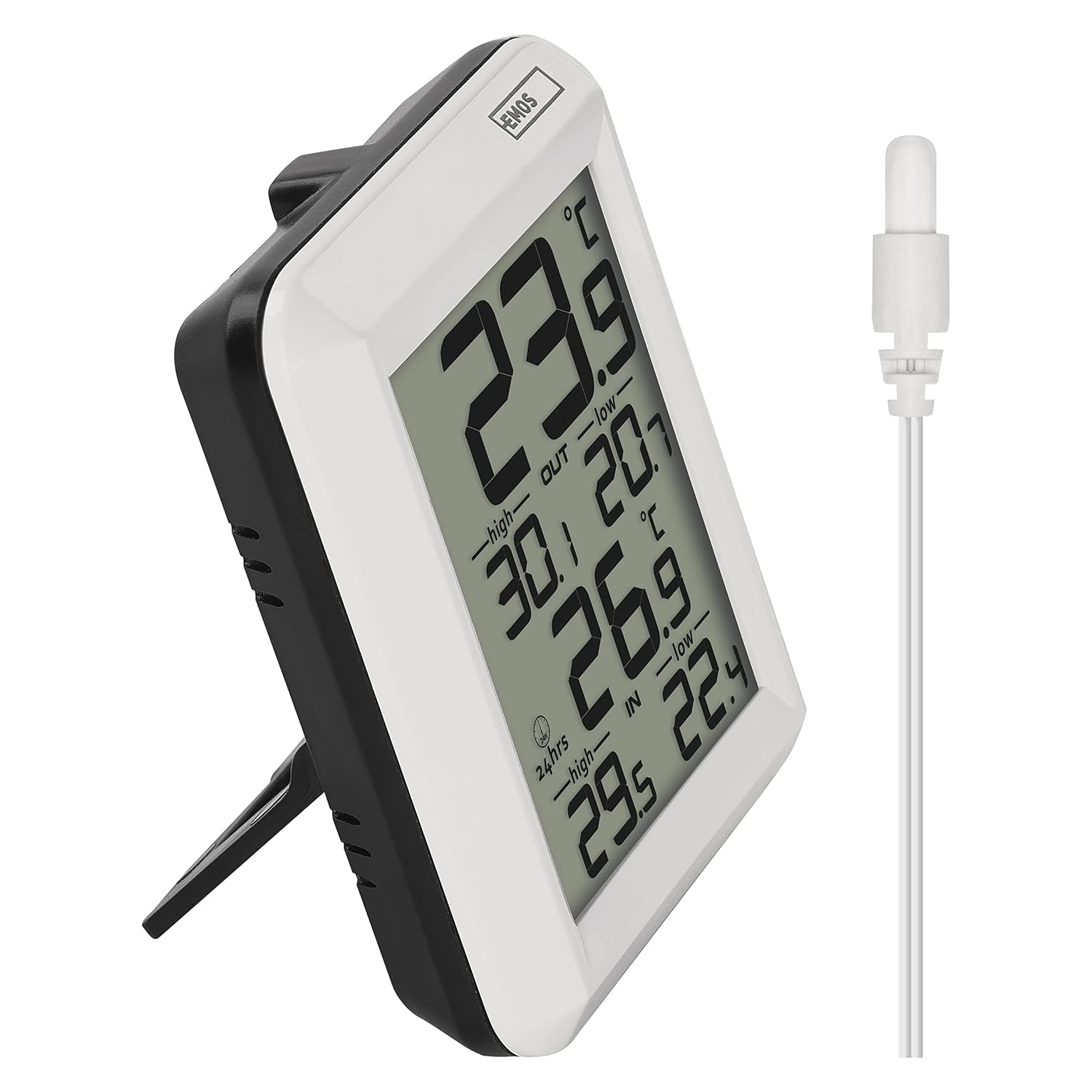 Detalle de EMOS digitale binnen- en buitenthermometer met kabelsensor van 0,9 m en 24-uursgeheugen