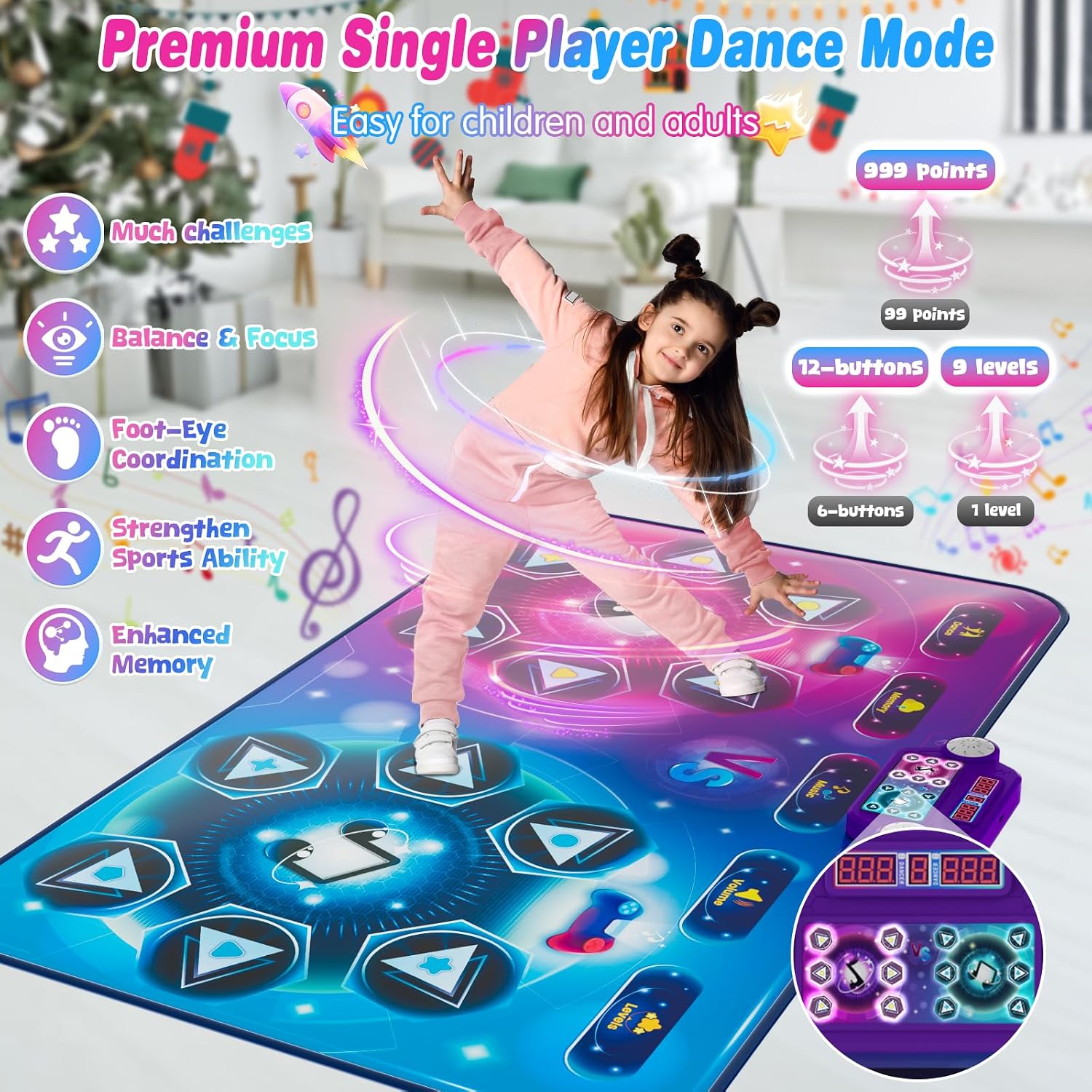Detalle de Maysida Rechargeable Dance Mat – Double User (35x59 inches) with Piano, Memory, and LED Battle Modes