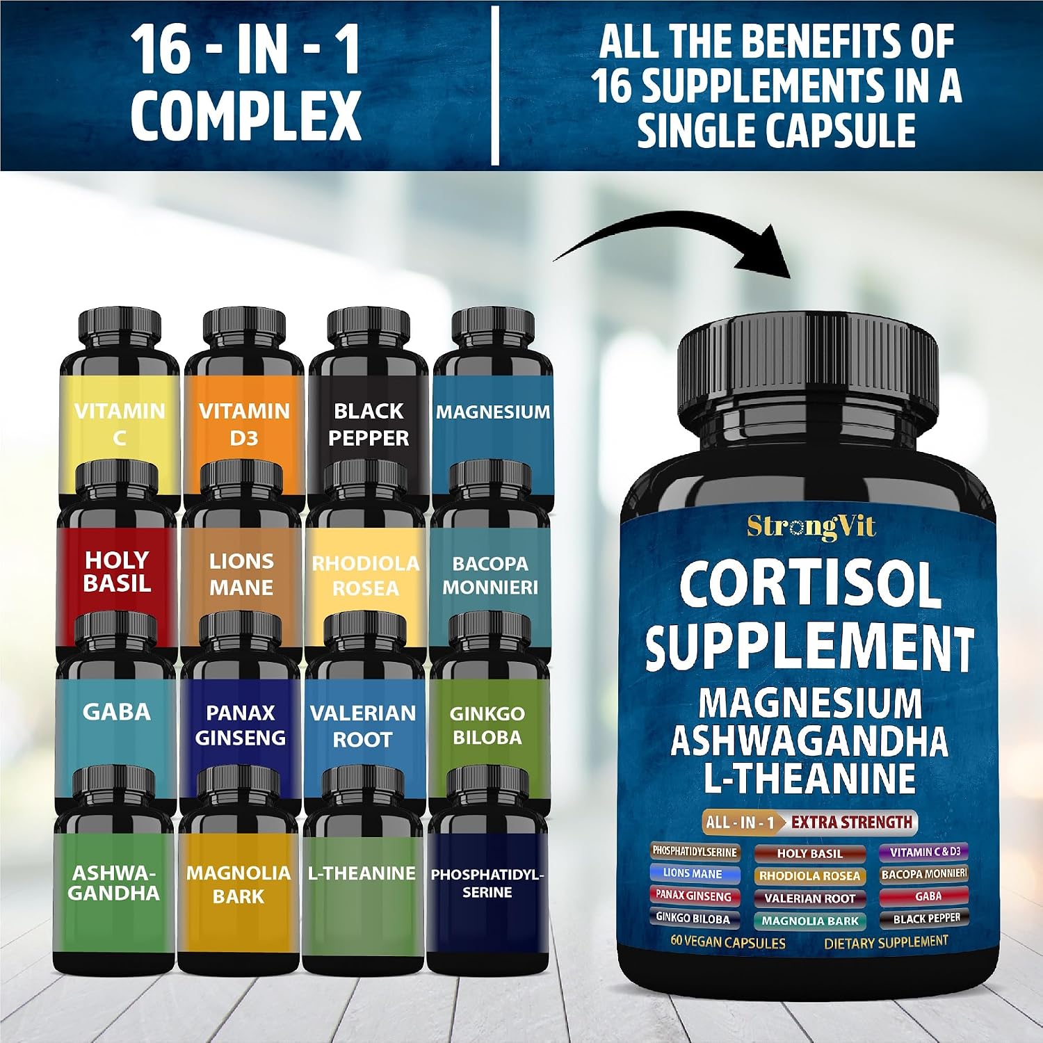 Detalle 2 de StrongVit Cortisol Supplement, 60 Capsules with Magnesium and Ashwagandha