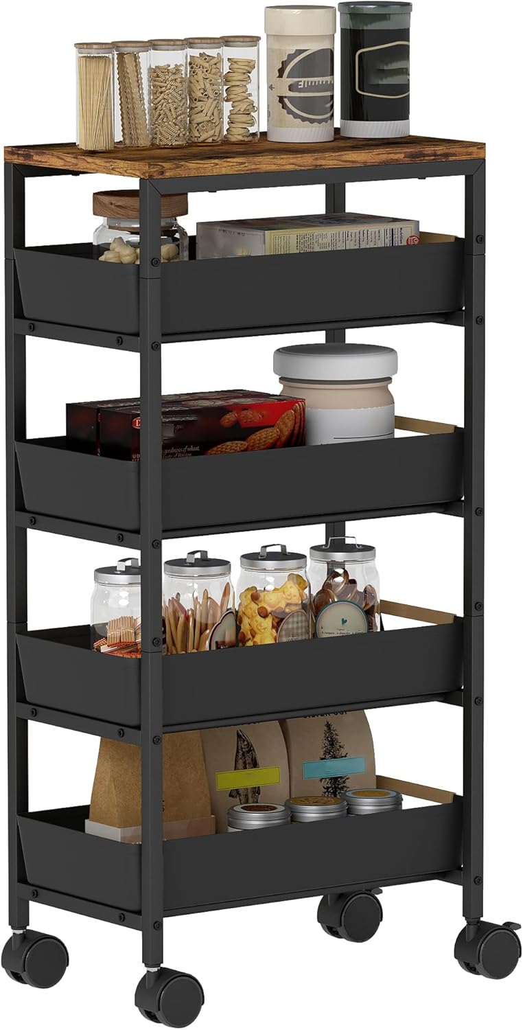 Detalle de HOMCOM Desserte Cuisine 5 Niveaux – Chariot de Service à roulettes, 4 tiroirs, étagère de Rangement, noir