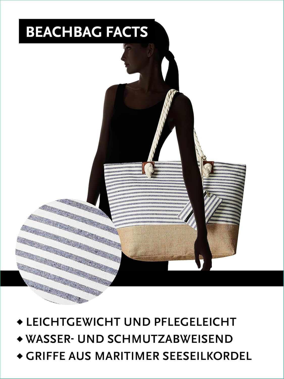 Detalle de DonDon Strandtasche mit Reißverschluss (XXL) – Shopper/Umhängetasche für Strand, Bad & Sauna