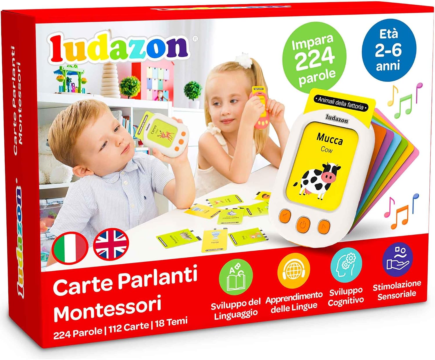 Detalle de Carte Parlanti Montessori Italiano–Inglese di LUDAZON: 224 vocaboli e 18 temi educativi per 2–6 anni