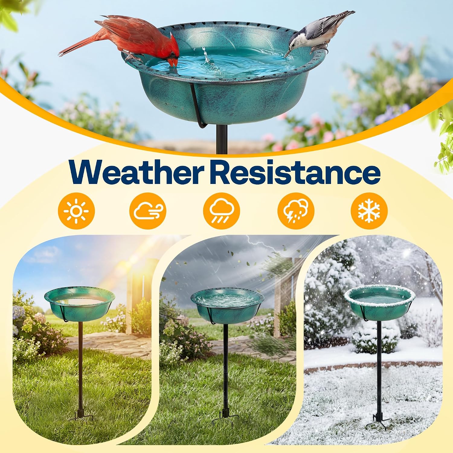 Thumbnail 5 de VIVOHOME 35In Metal Bird Bath – Vintage Green Freestanding Garden Bath with 4‑Pronged Base and Removable Feeder Bowl
