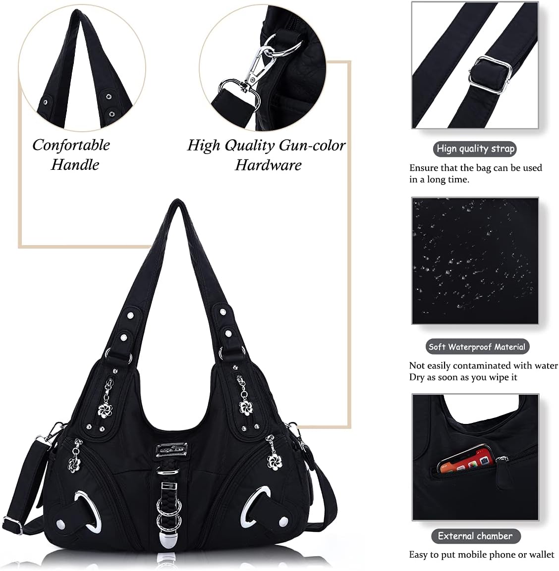 Detalle 2 de Angelkiss Large Hobo Satchel Handbag for Women (Washed PU Leather)