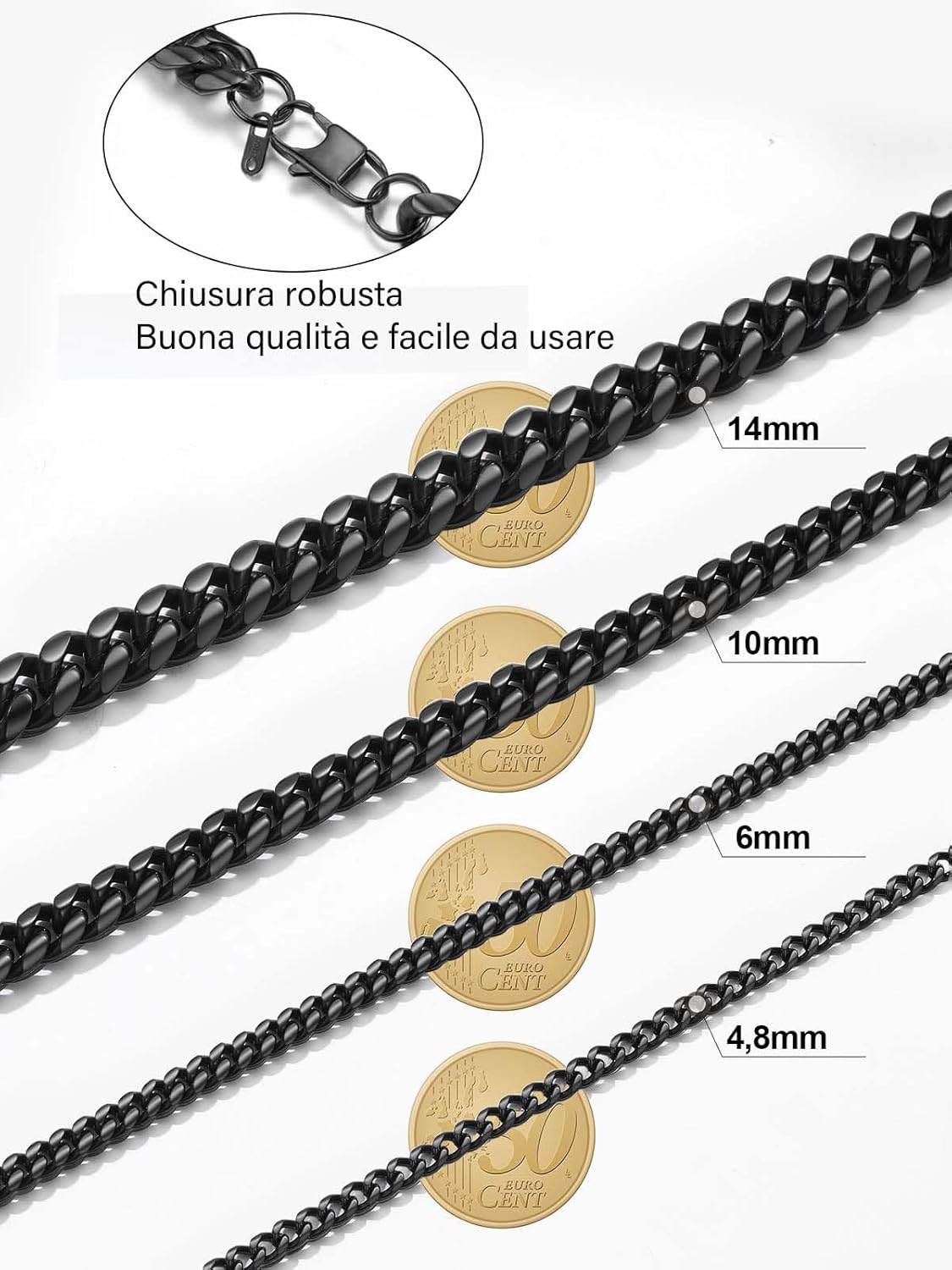 Thumbnail 6 de PROSTEEL Collana Uomo a Catena Cubana Barbazzale Grande – misure 35–75 cm, spessori 5/6/10/14 mm, acciaio inox 316L