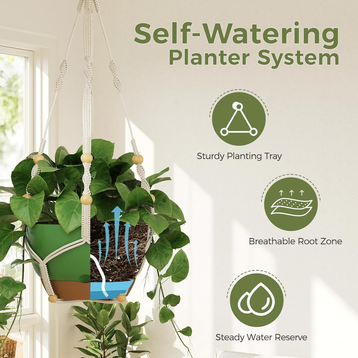 Detalle de Bamworld 3-Pack Macramé Plant Hangers with Chain – self-watering hanging planters with drainage holes