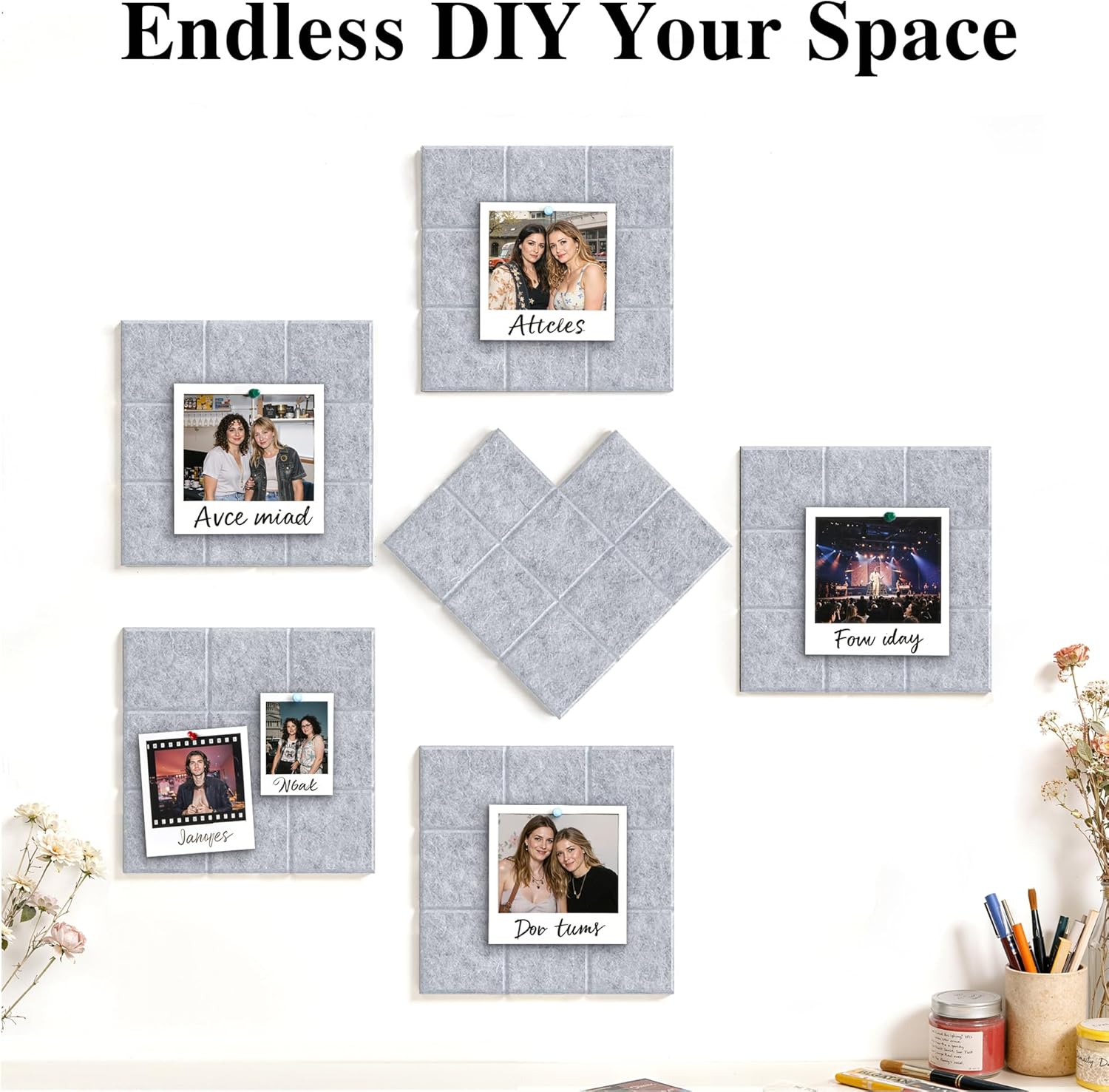 Thumbnail 5 de Uoisaiko Cork Wall Board 30 x 30 cm with 6 Adhesive Felt Panels and 30 Push Pins (Light Grey)