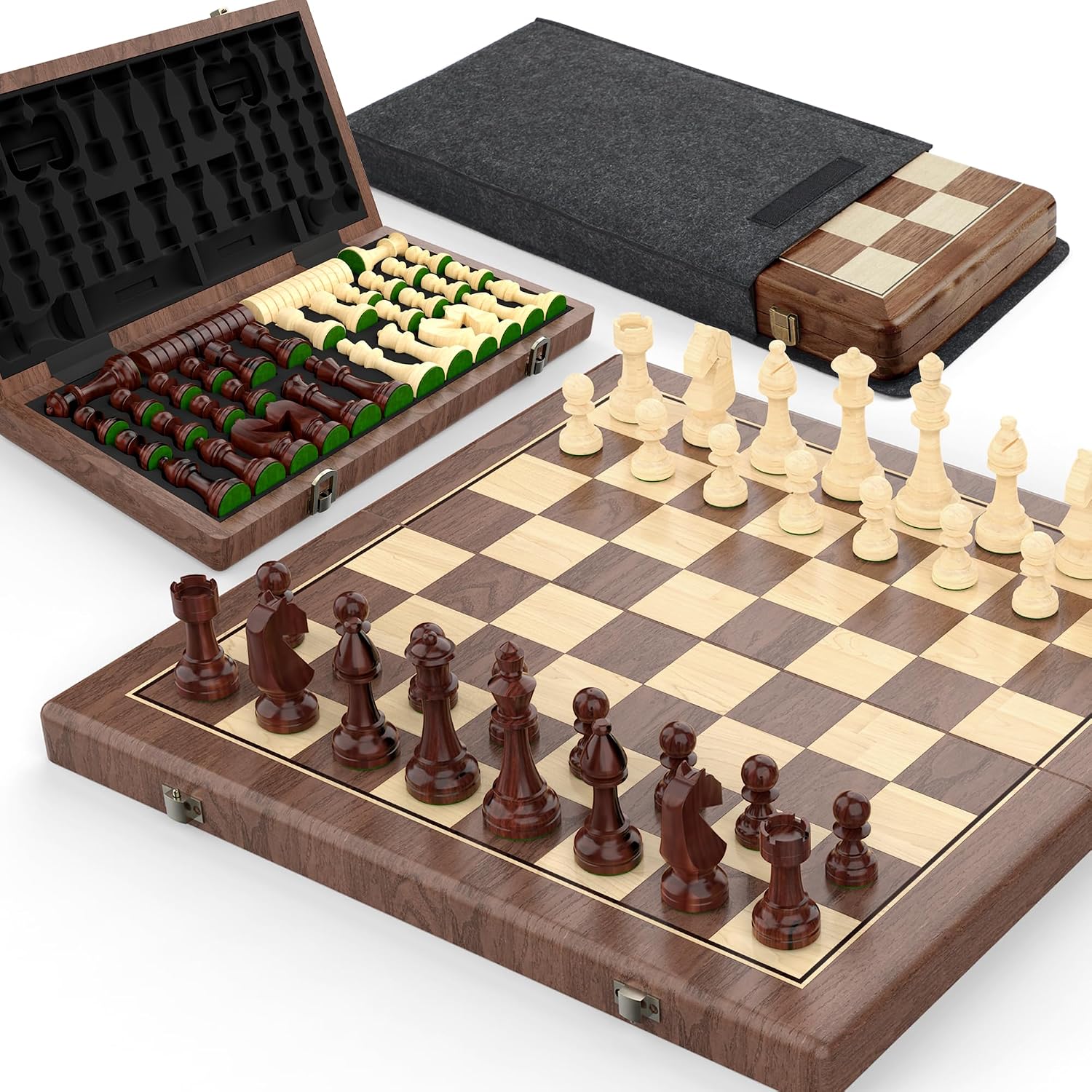 Detalle de Premium 38 cm Walnuss magnetisches Schach- und Dame-Set 🧩