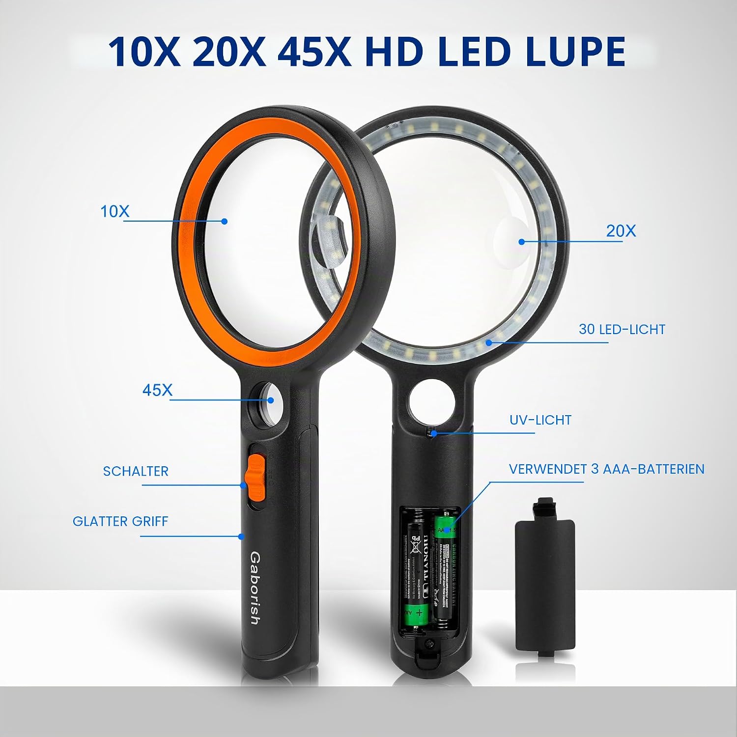 Detalle de GABORISH Lupe mit Licht – 10x/20x/45x Vergrößerung, 30 LED + UV, Leselupe für Senioren (Groß, Orange)
