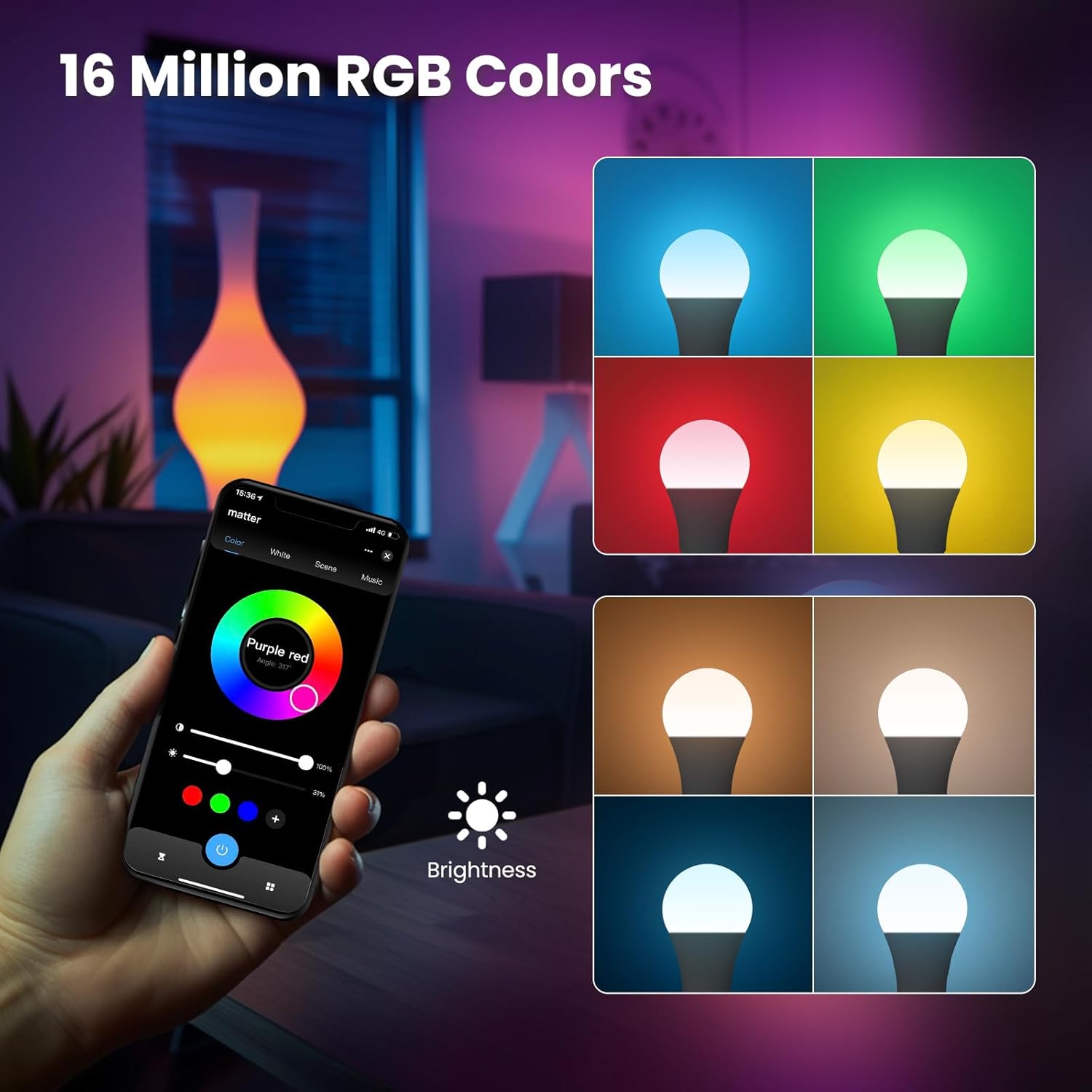 Thumbnail 2 de MOES Smart Bulb E27 A60 (4 Pack) – Matter over WiFi, 9W, 806lm, 2700K–6500K RGB, Dimmable, with HomeKit/Alexa/Google Home