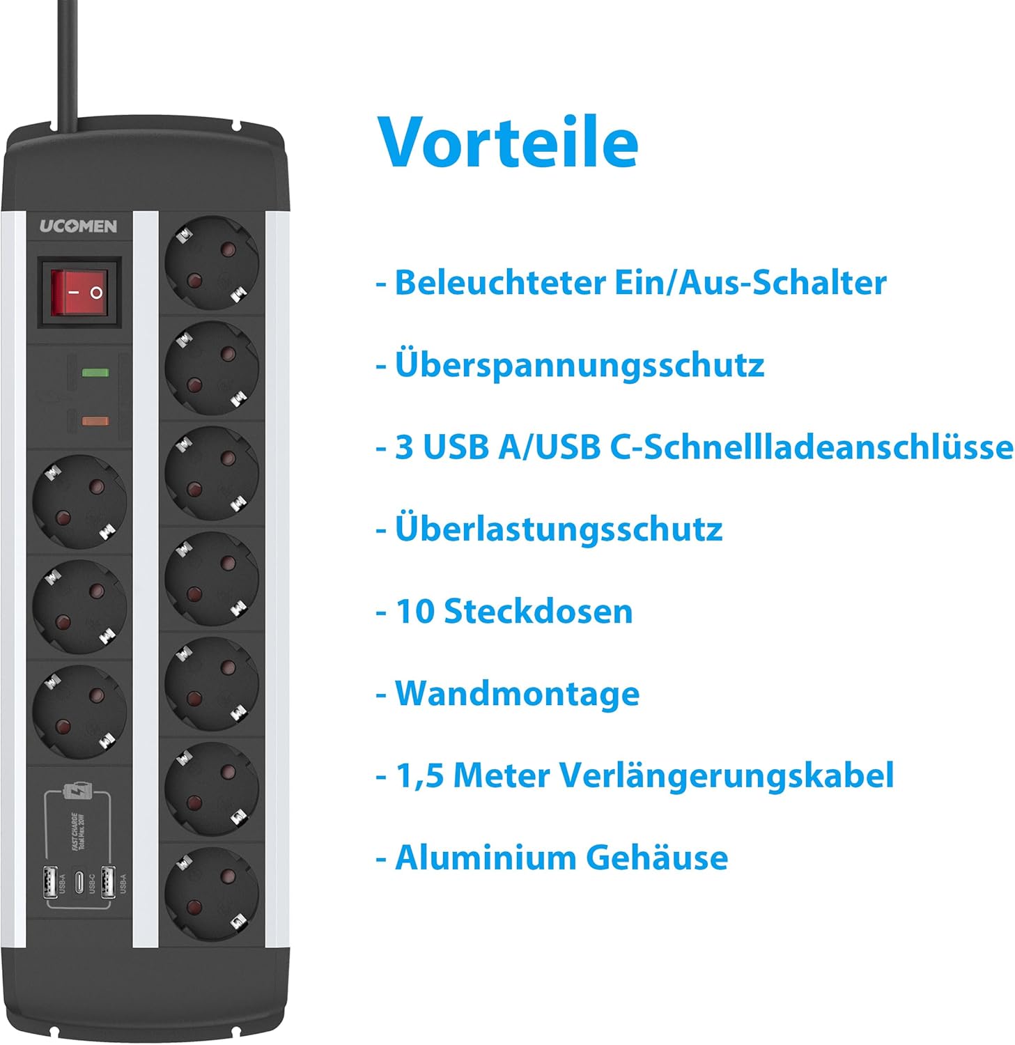 Thumbnail 2 de UCOMEN 10-Fach Steckdosenleiste mit Überspannungsschutz