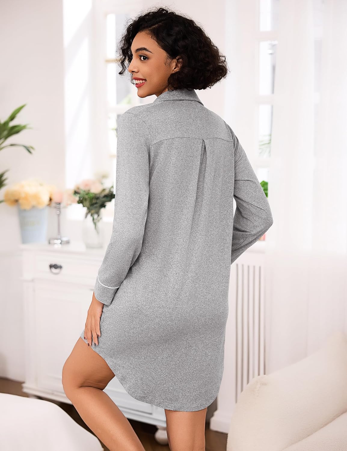 Thumbnail 3 de Bresdk Chemise de nuit femme en coton à manches longues avec boutons (allaitement et maternité)