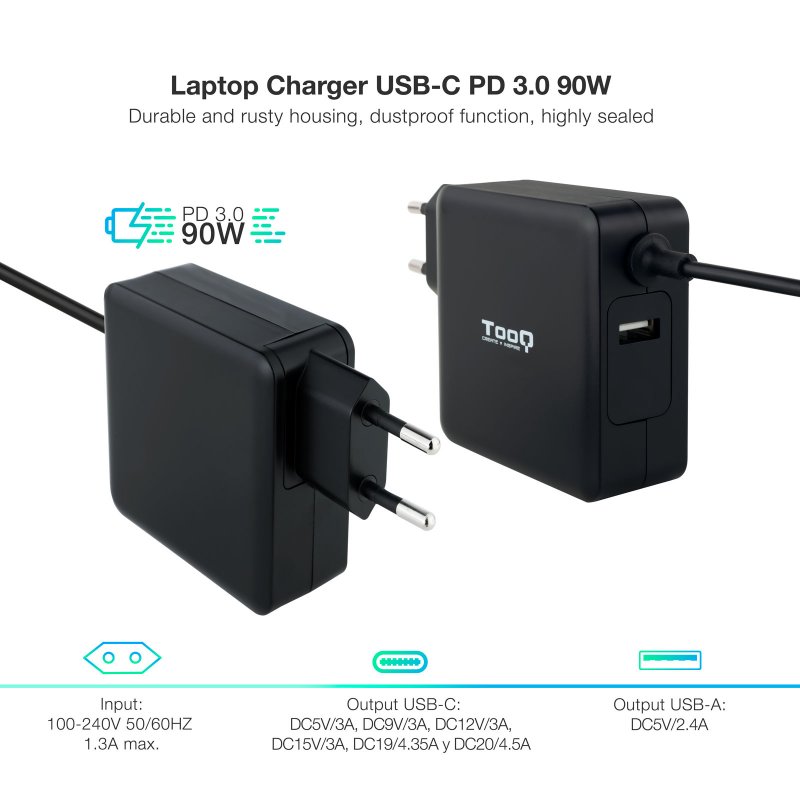 Thumbnail 3 de TooQ TQLC-USBC90PD: Cargador USB-C PD 90W para portátil ( Negro )