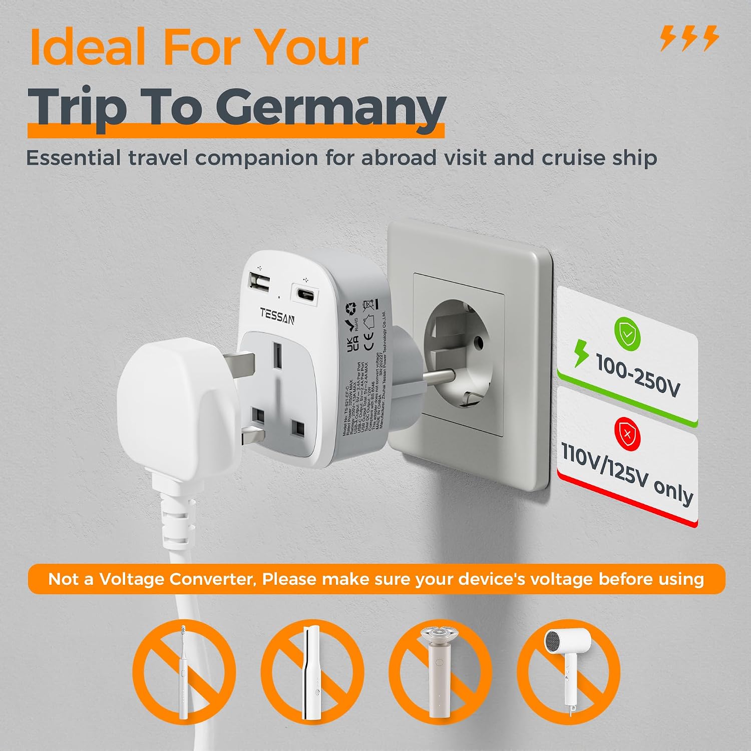 Thumbnail 3 de TESSAN UK to European Plug Adapter 2-Pack