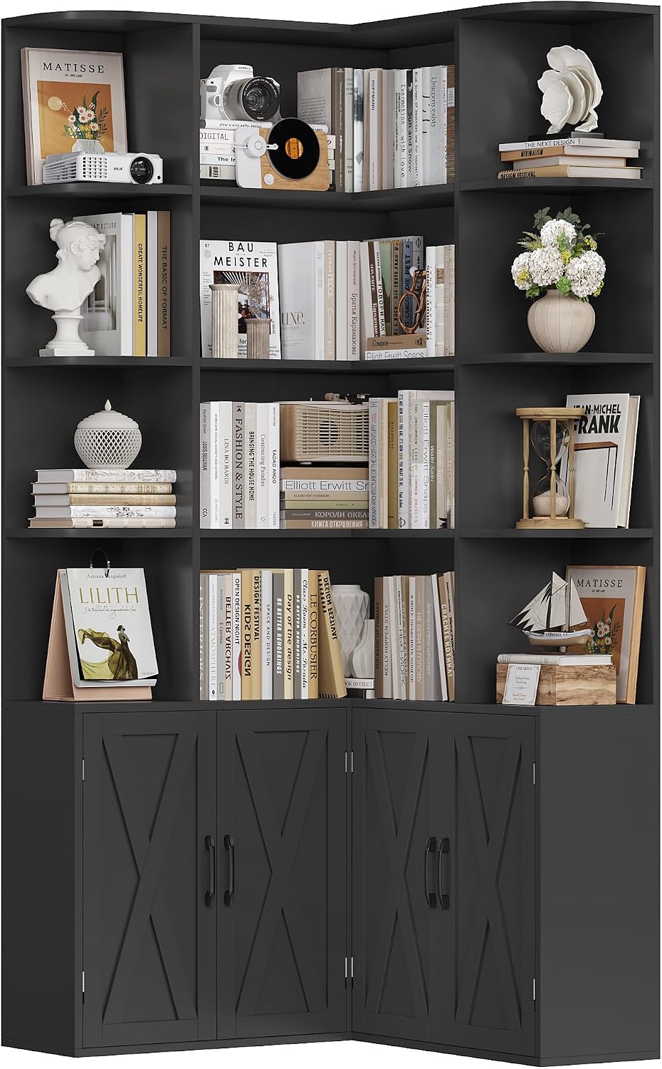 Detalle de FirFurd P745 Corner Bookcase, Black, 17 Shelves and 4 Doors