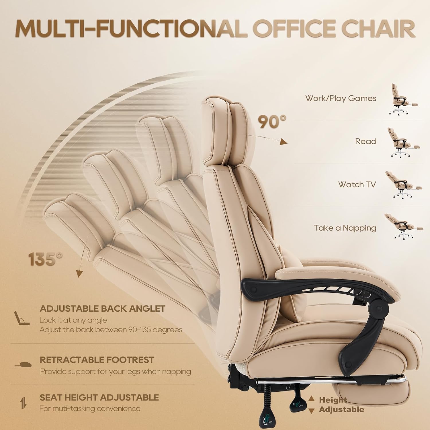 Thumbnail 6 de COLAMY 6754 High-Back Office Chair with Footrest, Recline and Khaki Bonded Leather