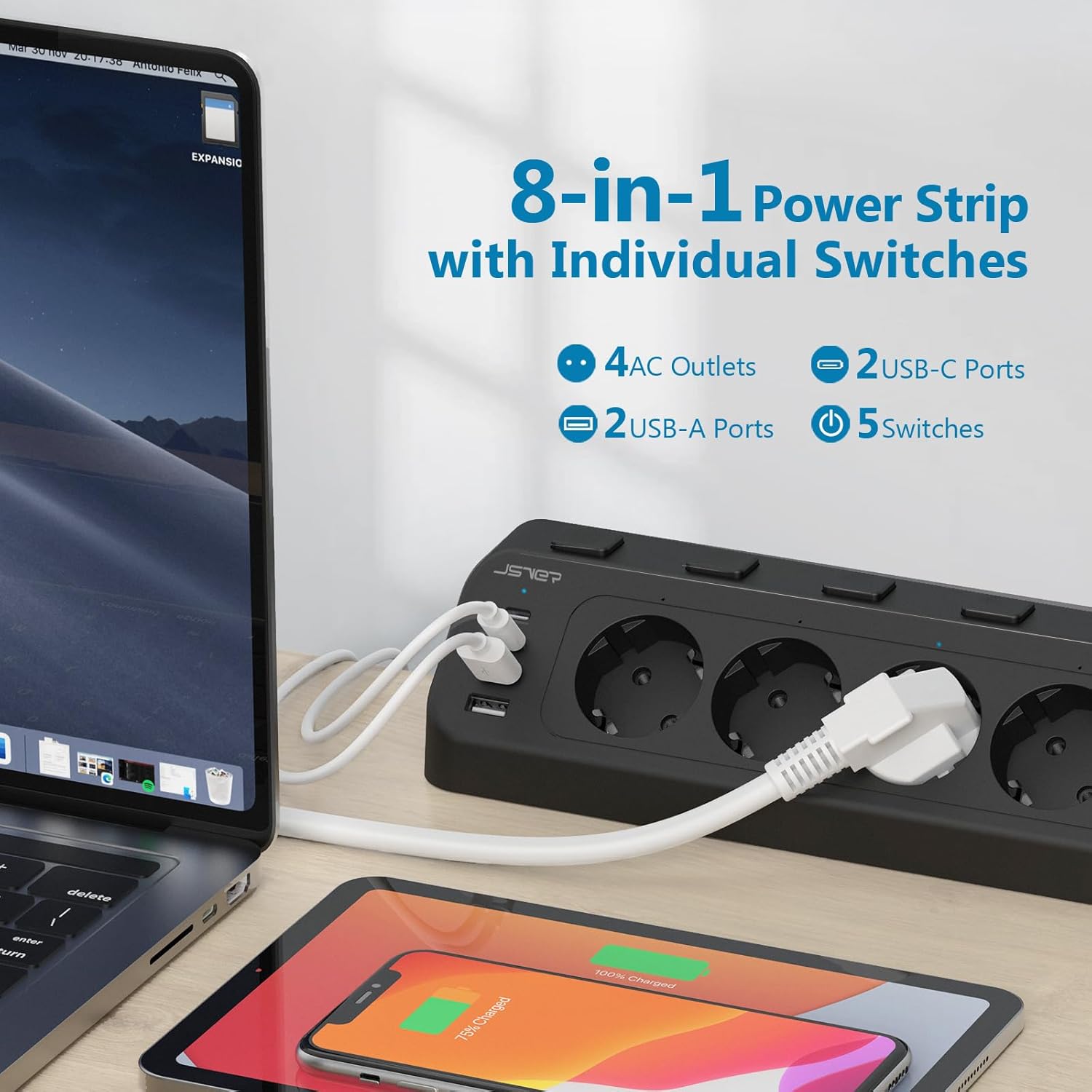 Thumbnail 1 de JSVER Desktop-Steckdosenleiste mit USB‑C-Ecksteckdose, 4-fach (2× Type‑C, 2× USB‑A) und Einzelschaltern