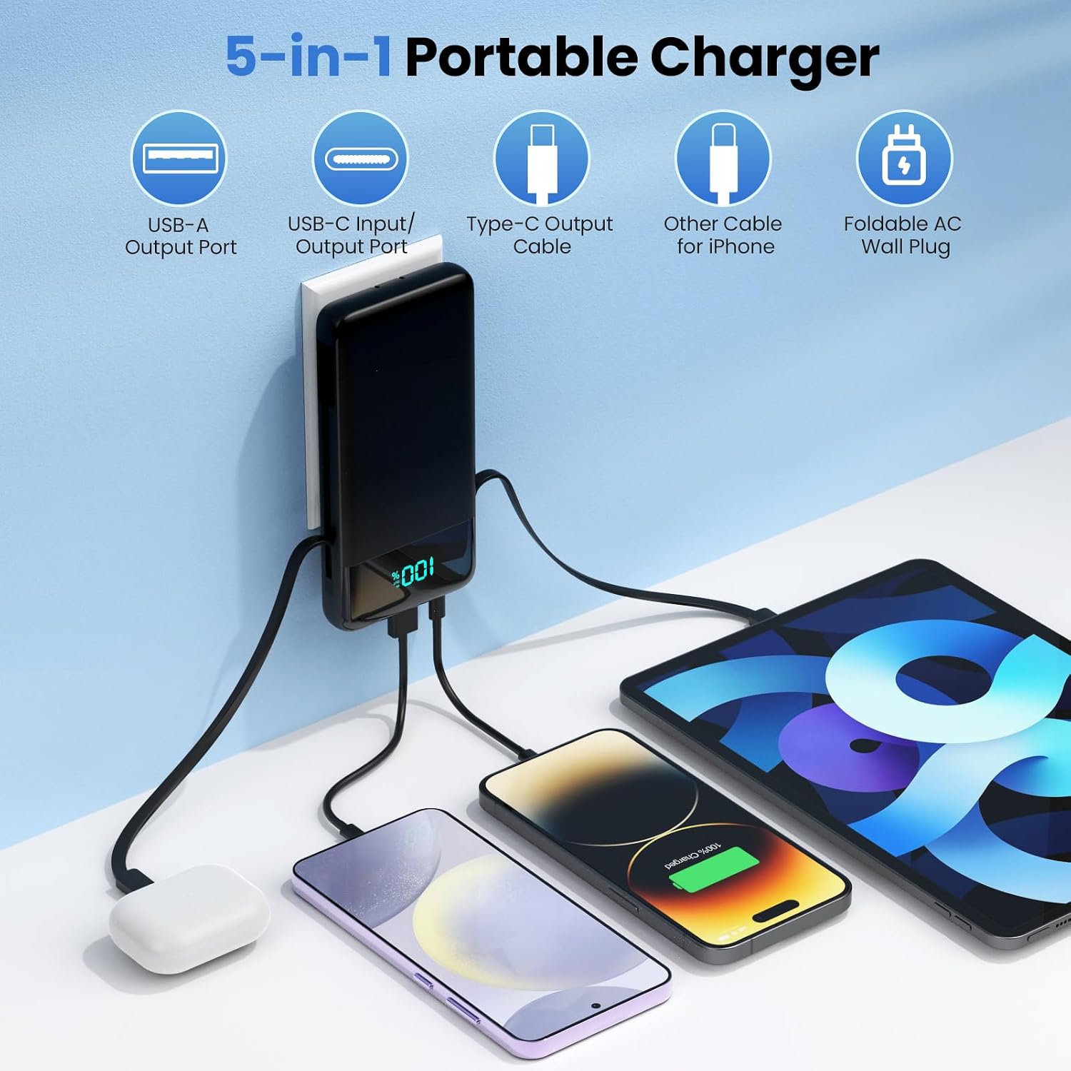 Thumbnail 1 de FOCHEW 13800mAh Portable Charger with Built-In Cables and Wall Plug