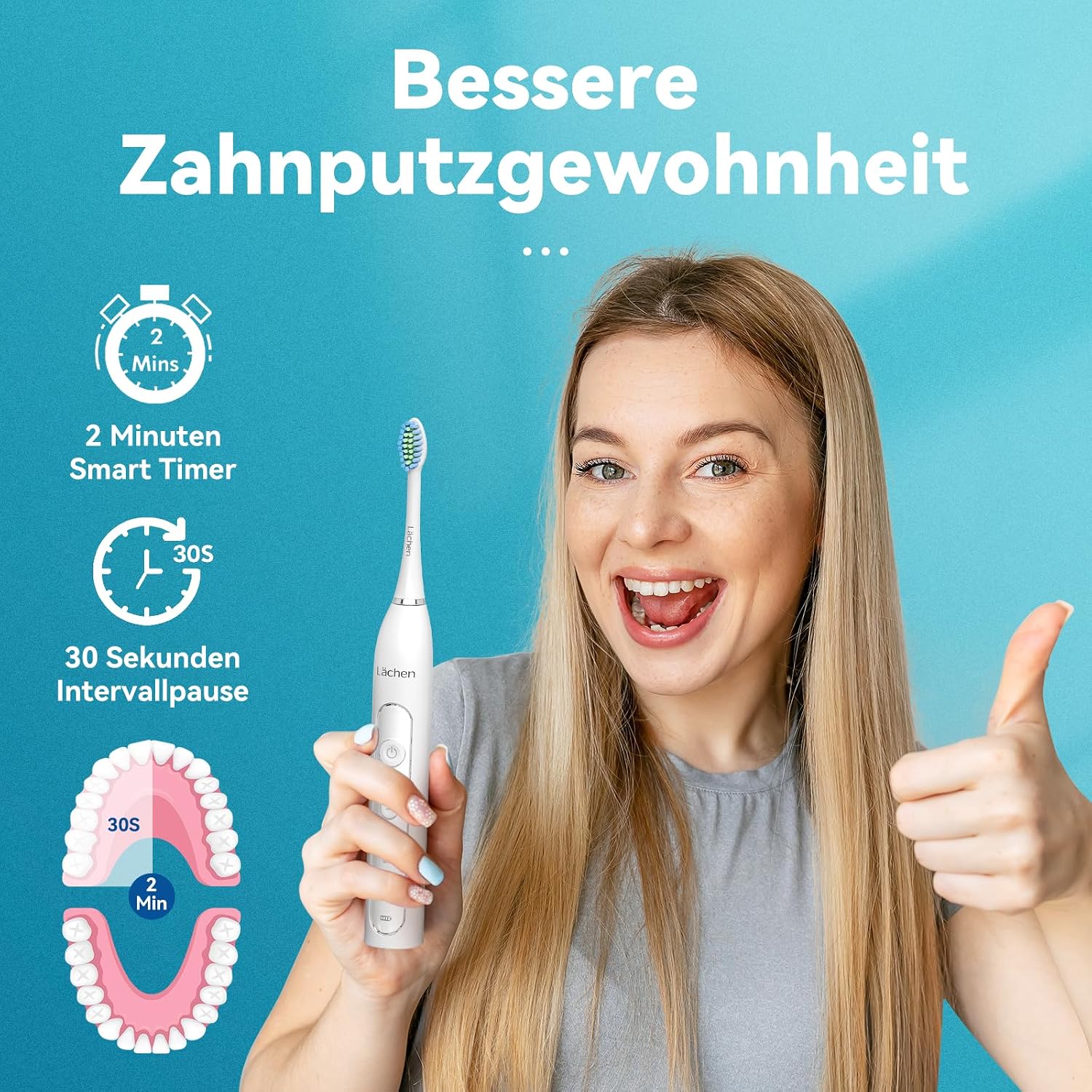 Detalle de Lächen Sonic Schallzahnbürste RM-T8B mit Timer, 3 Modi, 4 Aufsteckbürsten & Reisetasche (A-weiß)