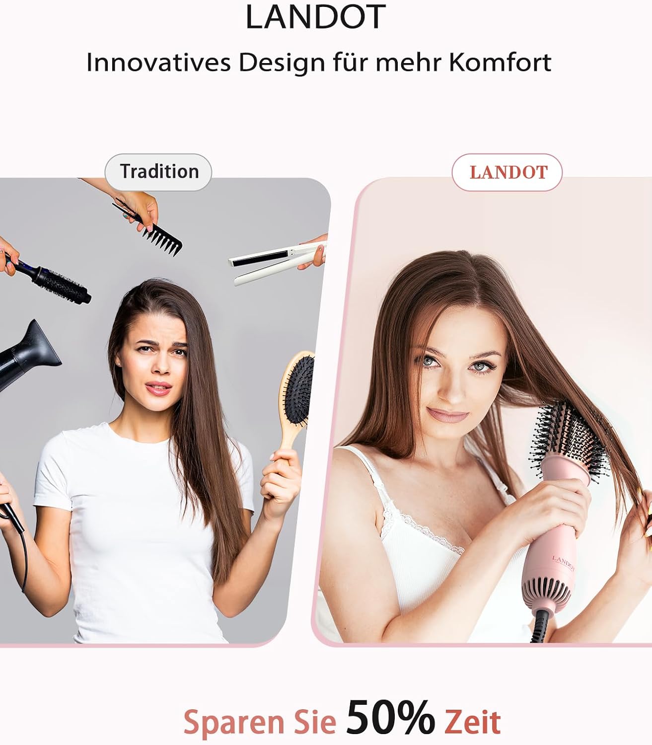 Detalle 2 de LANDOT Föhnbürste & Warmluftbürste 2-in-1 mit Keramik & Negativ-Ionen für Glanz