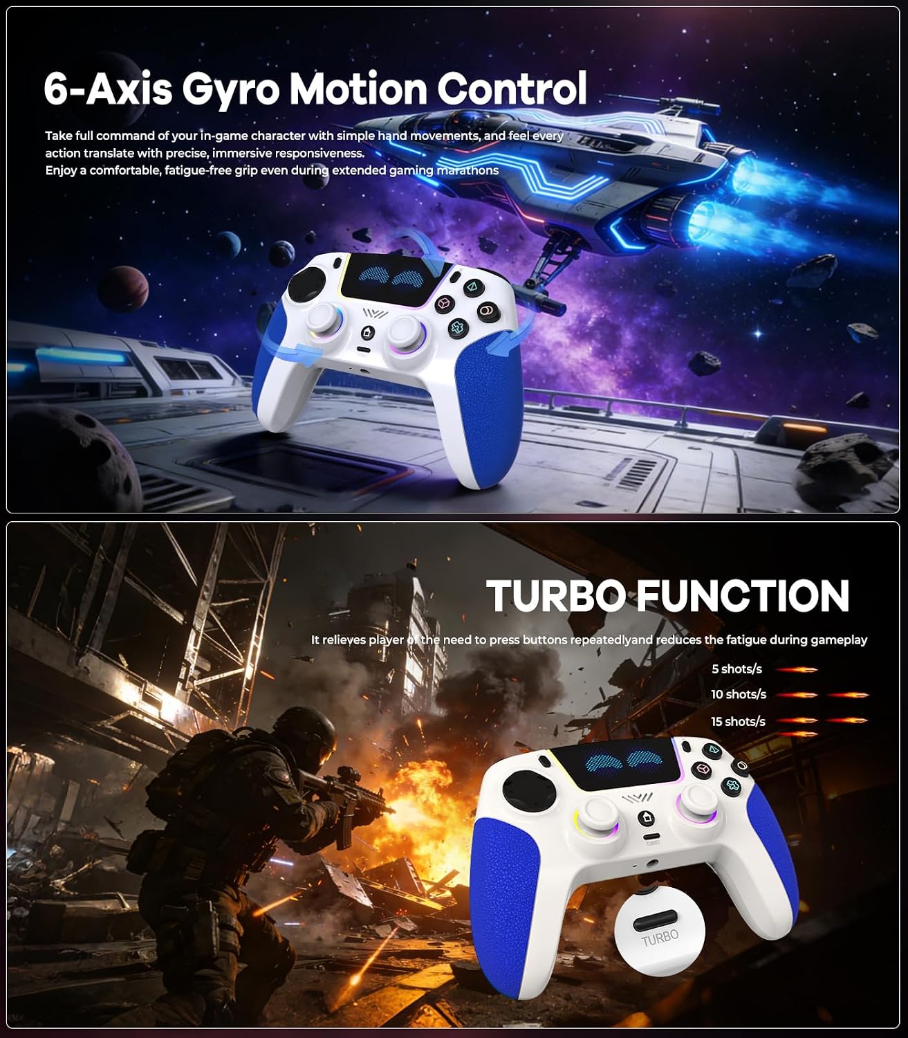Thumbnail 4 de SFGSUP Wireless Pro Controller für PS5/PC/MAC/Steam Deck – Hall-Effekt Joystick & Trigger, 8 RGB-Farben, 6-Achsen-Gyroskop, Turbo, Dual Vibration, 1500 mAh Akku