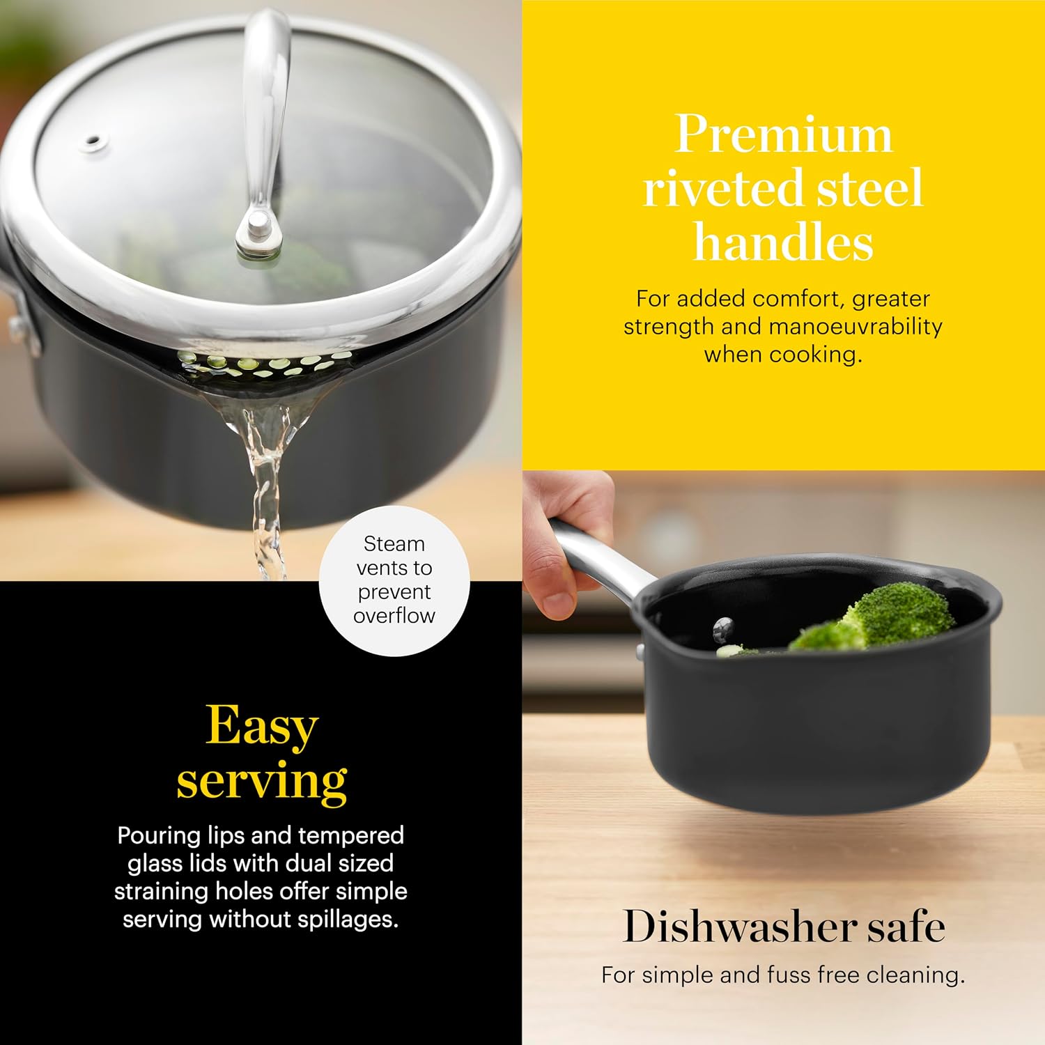 Detalle de Good Food in Partnership with Tower Hard Anodised 3 Piece Saucepan Set (16cm, 18cm & 20cm) with Tempered Glass Lids