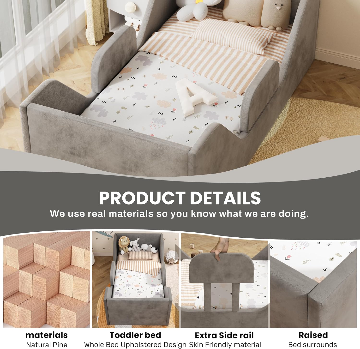 Thumbnail 3 de SOFTLYNICE Gray Toddler Floor Bed with Rails for a Standard Crib Mattress