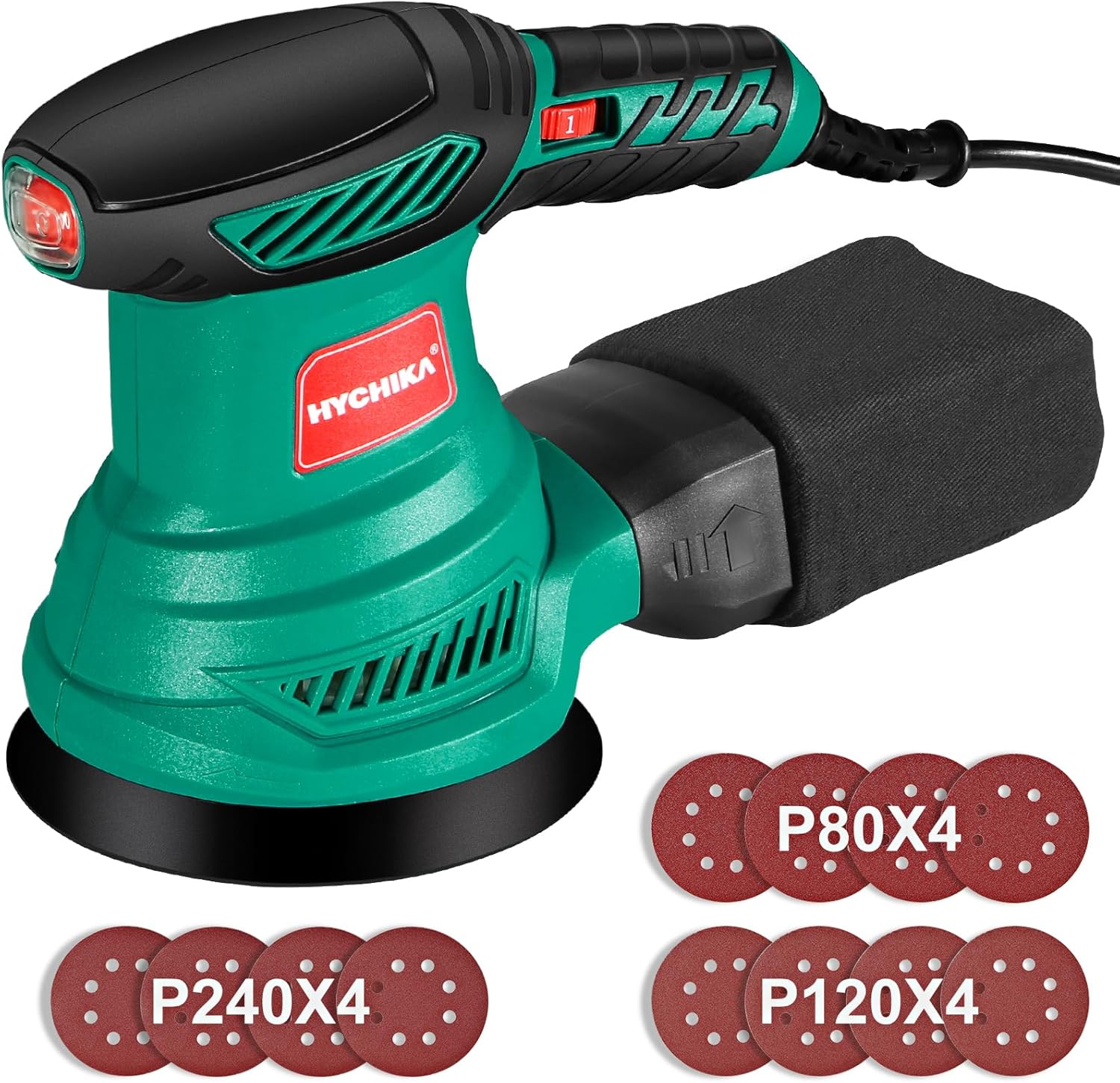 HYCHIKA Ponceuse Excentrique – 6 vitesses, collecte de poussière et 12 disques inclus