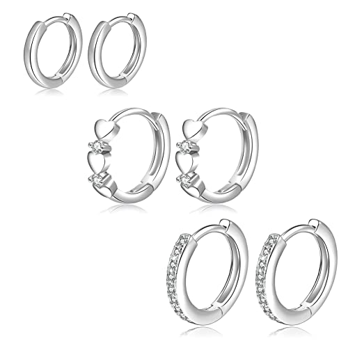 Detalle de PABBEU 3 Pairs Sterling Silver Hoop Earrings Hypoallergenic Huggie Sleeper Earrings