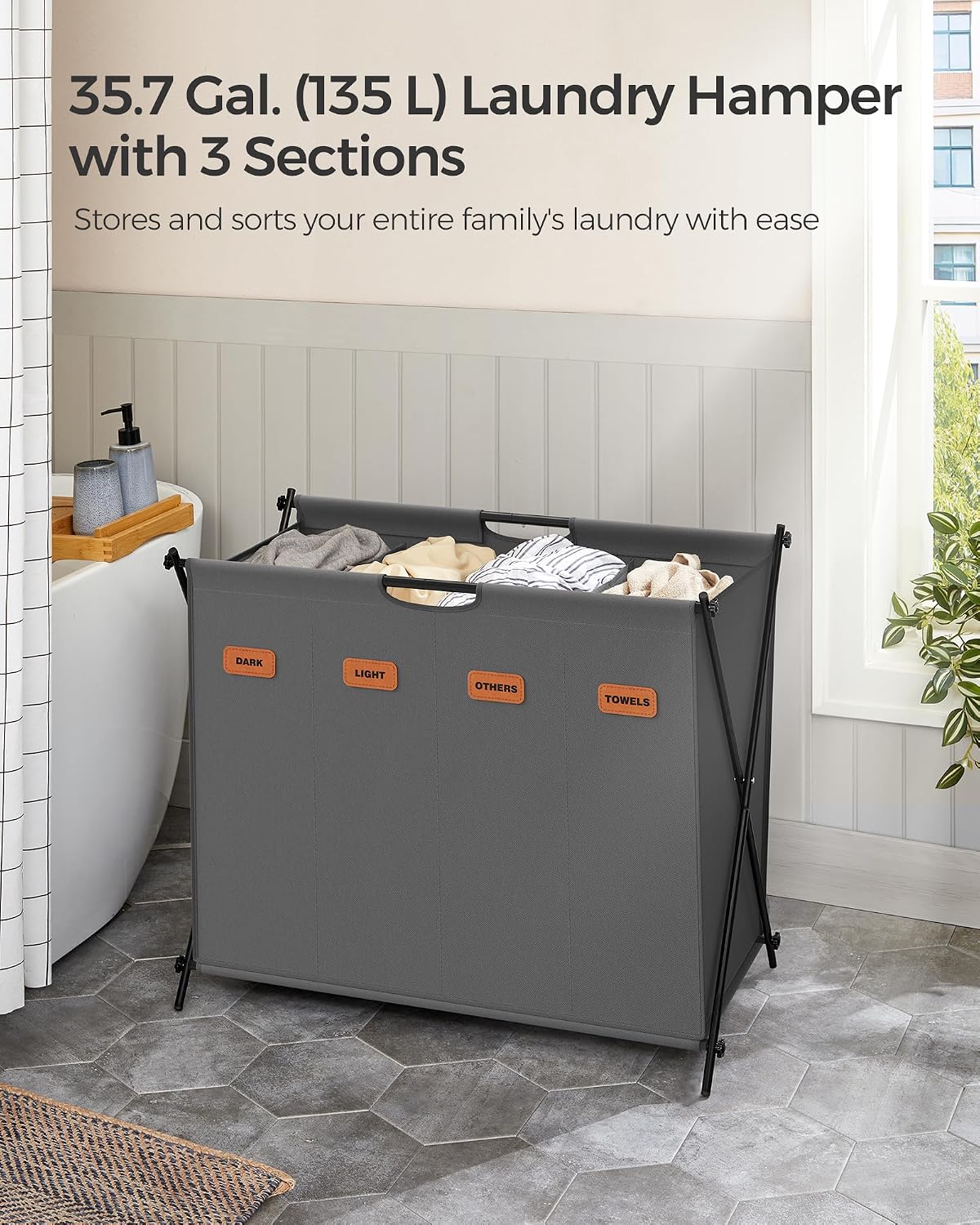 Detalle 2 de SONGMICS STEVIE LCB140G01 155 L Laundry Sorter, 4 Sections, Foldable X-Frame