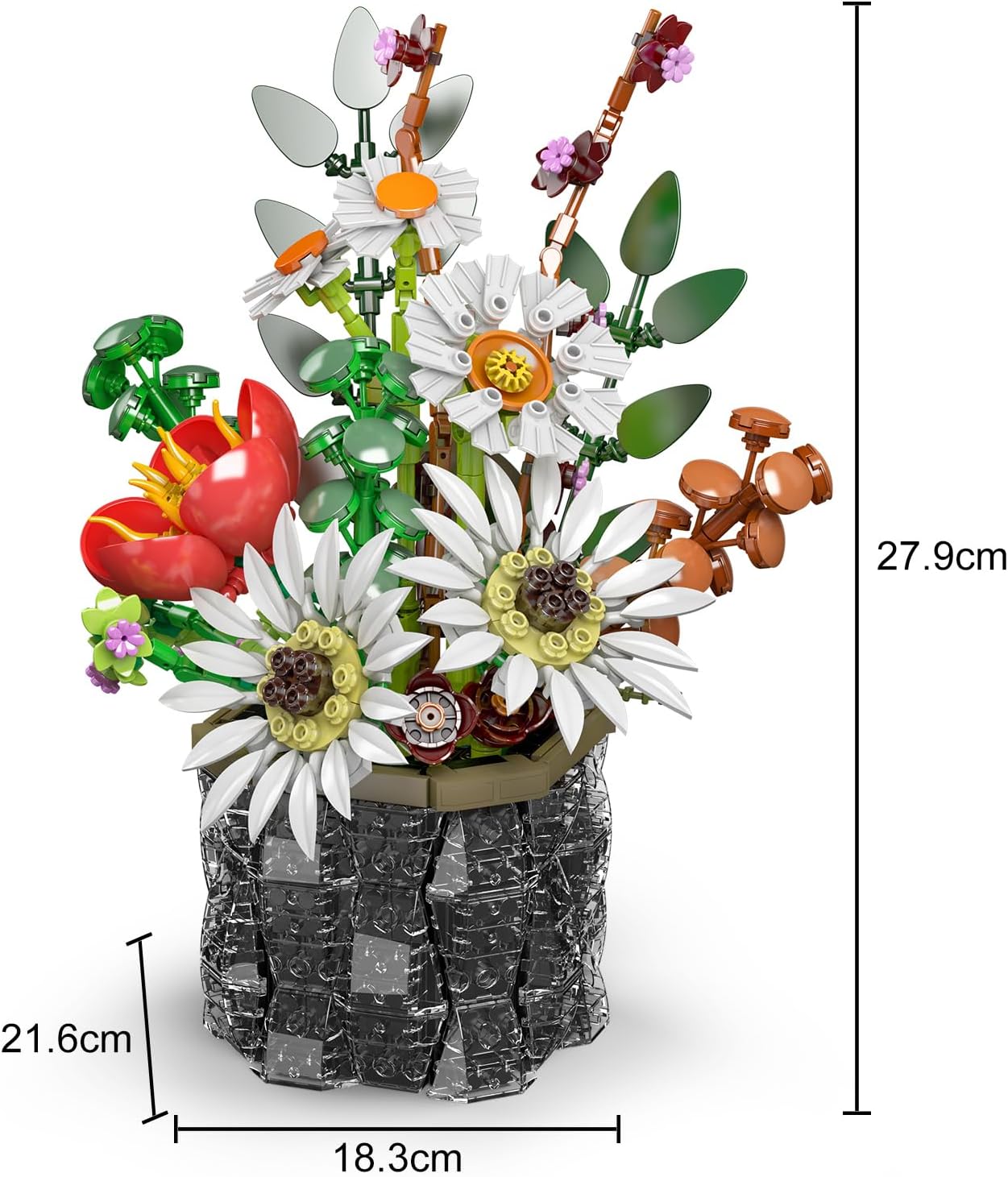 Detalle de Mould King 24107 Blumen-Baustein-Set (mit Vase) – Sonnenblumen, Tulpen und Gänseblümchen