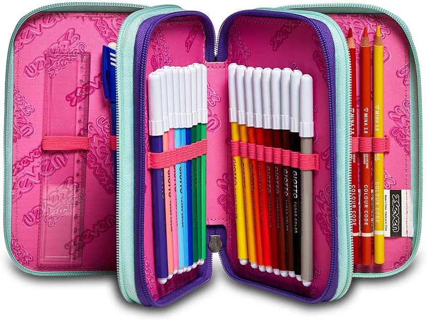 Detalle de Seven Trousse à crayons à 3 compartiments XXL Girl (12,5 x 20 x 7 cm) avec stylos et fournitures