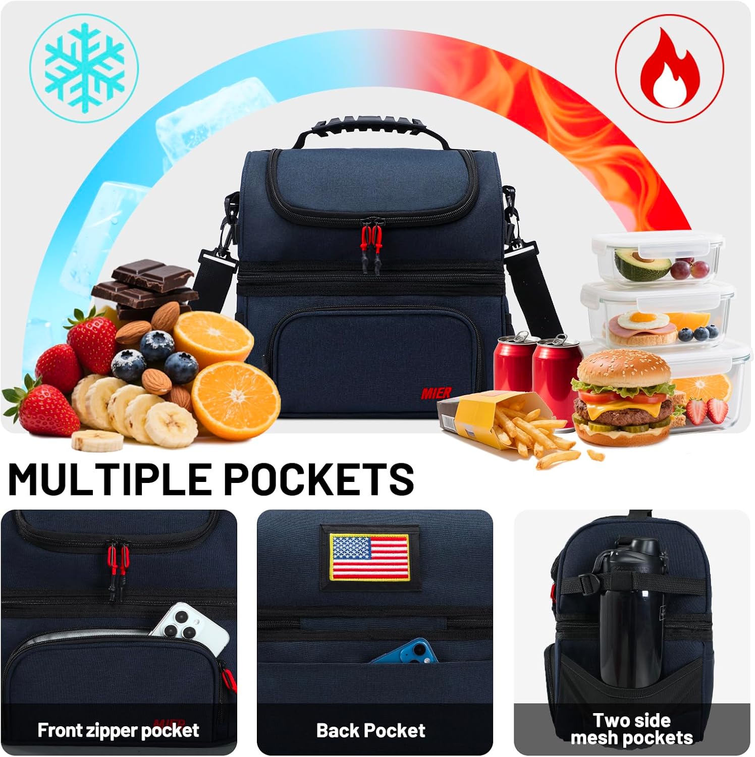 Thumbnail 2 de MIER Dual Compartment Lunch Bag Tote with Shoulder Strap – Insulated, Leakproof Cooler, Dark Blue
