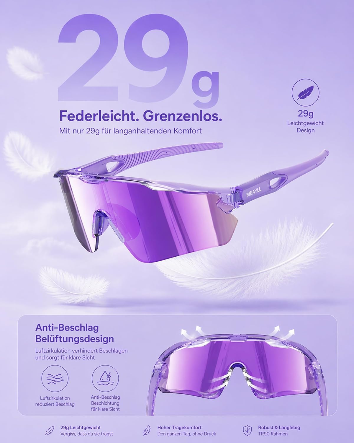 Detalle 2 de Meayll Fahrradbrille Herren Damen – UV400 Schutz, leichter TR90 Rahmen, verstellbare Nasenpads